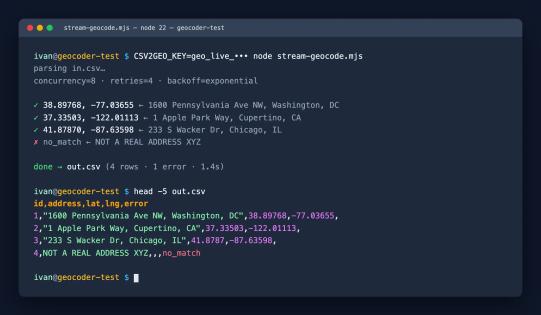 Node.js Geocoding API Tutorial: Concurrency, Retries, and CSV Streaming