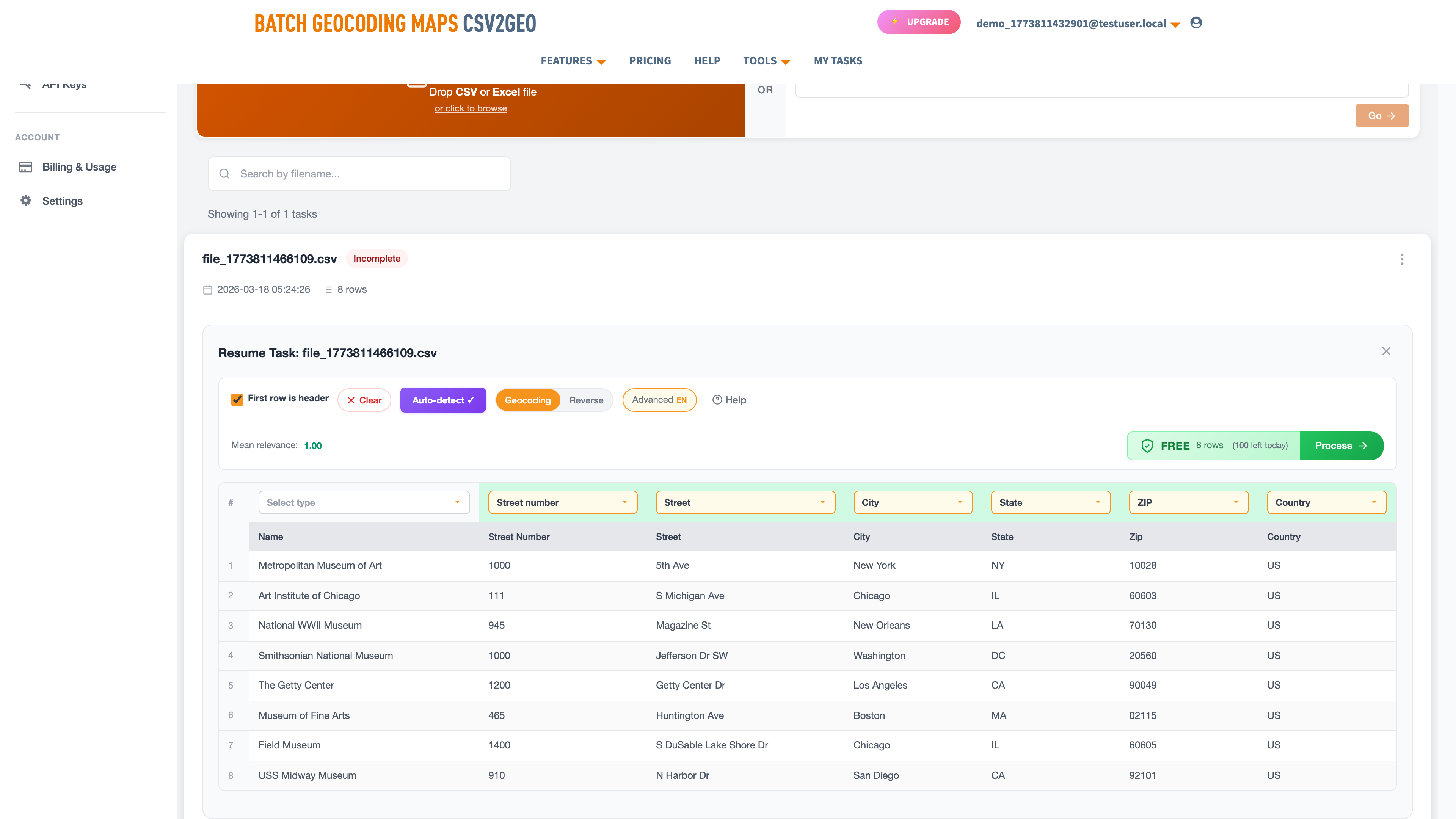 csv2geo auto-detects address columns - Street number, Street, City, State, ZIP, Country