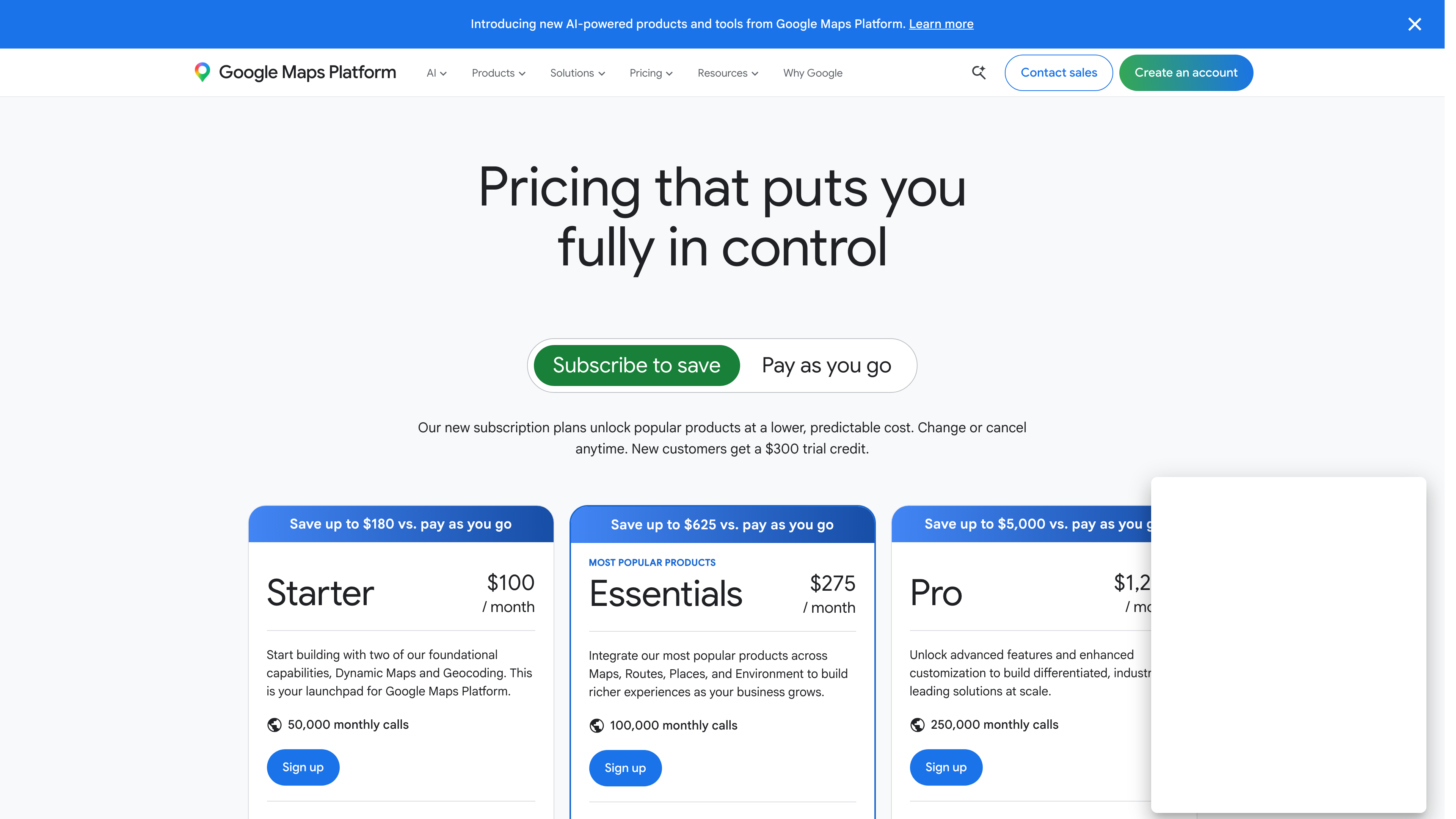 Google Maps Platform pricing page showing Starter, Essentials, and Pro plans for geocoding API in 2026