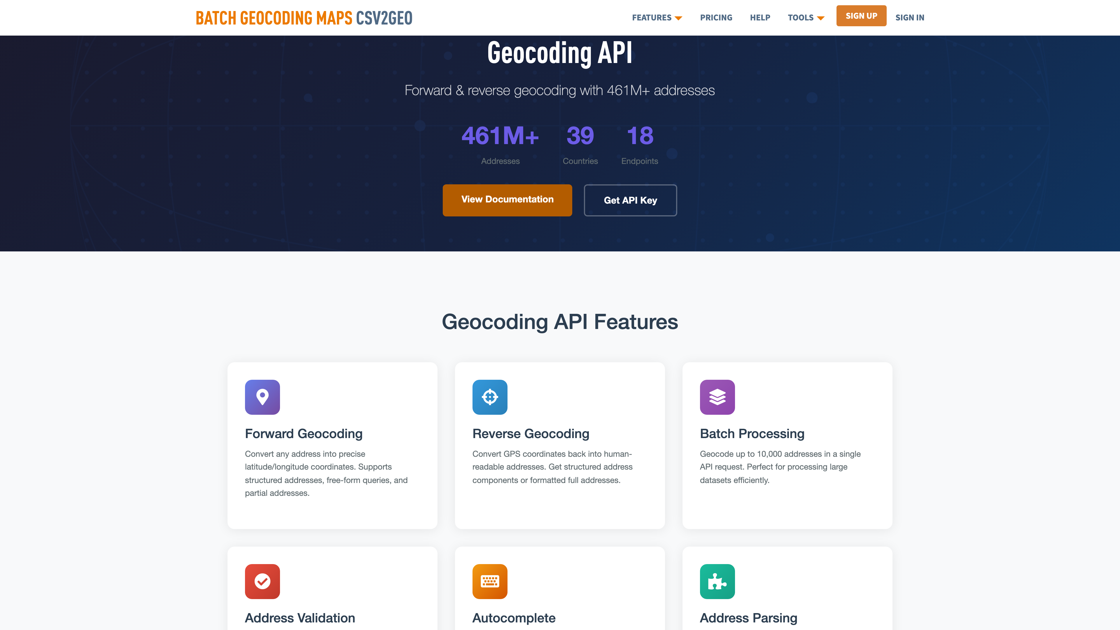 CSV2GEO geocoding API documentation page showing 18 endpoints for forward, reverse, batch, and places geocoding