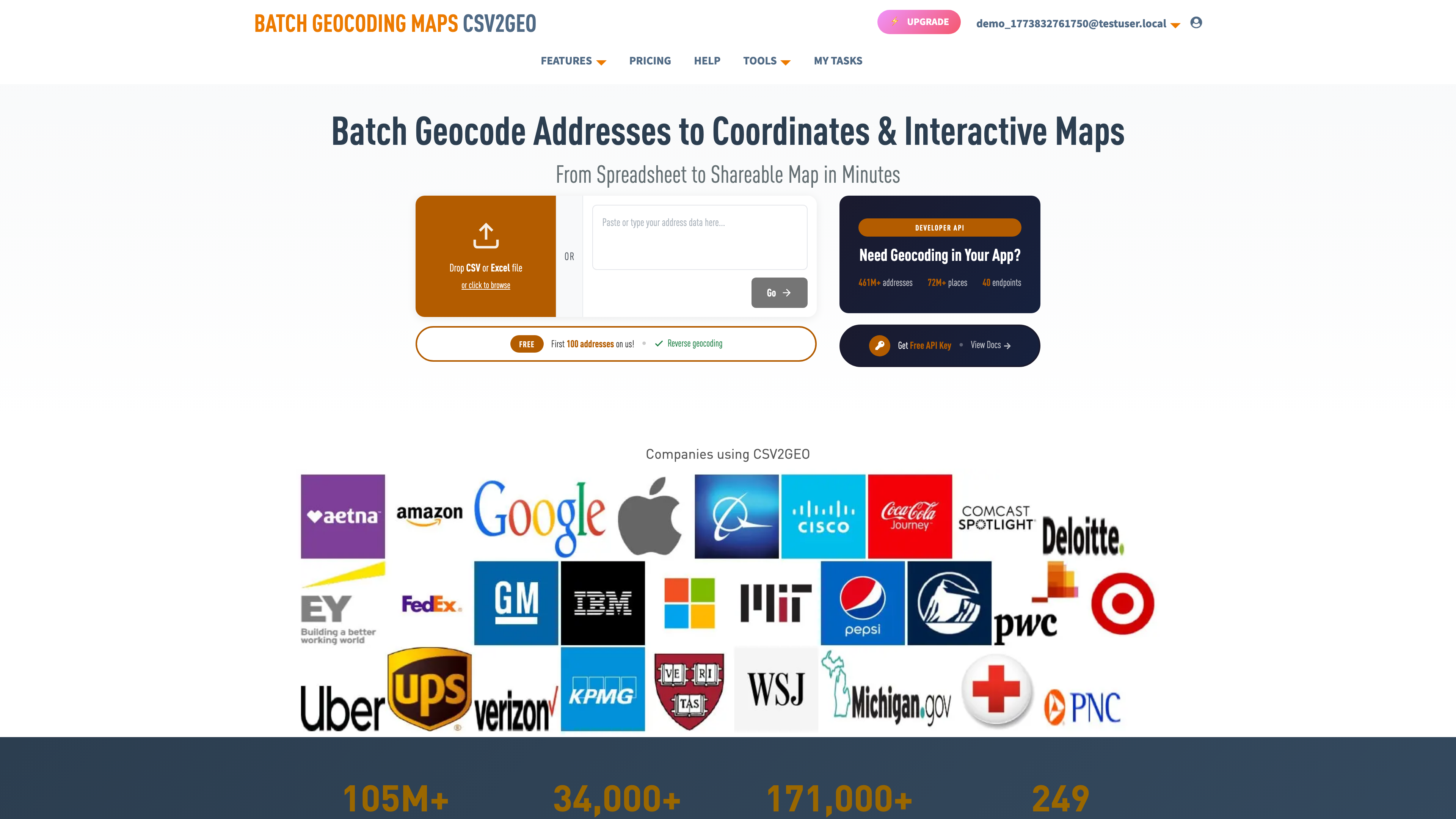 Екран за качване на пакетно геокодиране на адреси за подготовка на канвасинг списък — качете CSV с адреси от избирателен регистър и получете lat/lng плюс confidence score плюс административни граници