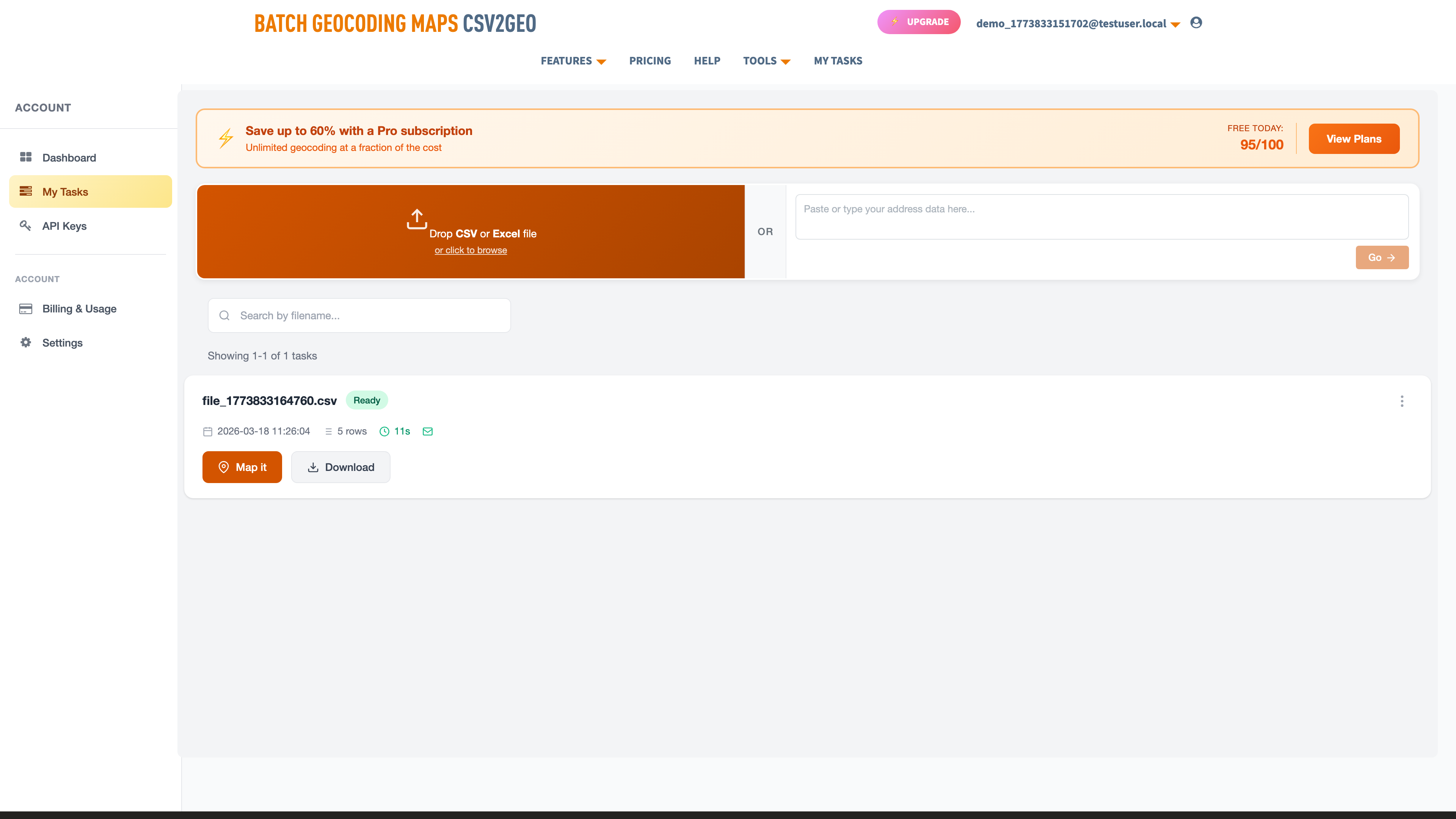 Completed geocoding task with Map it and Download buttons ready