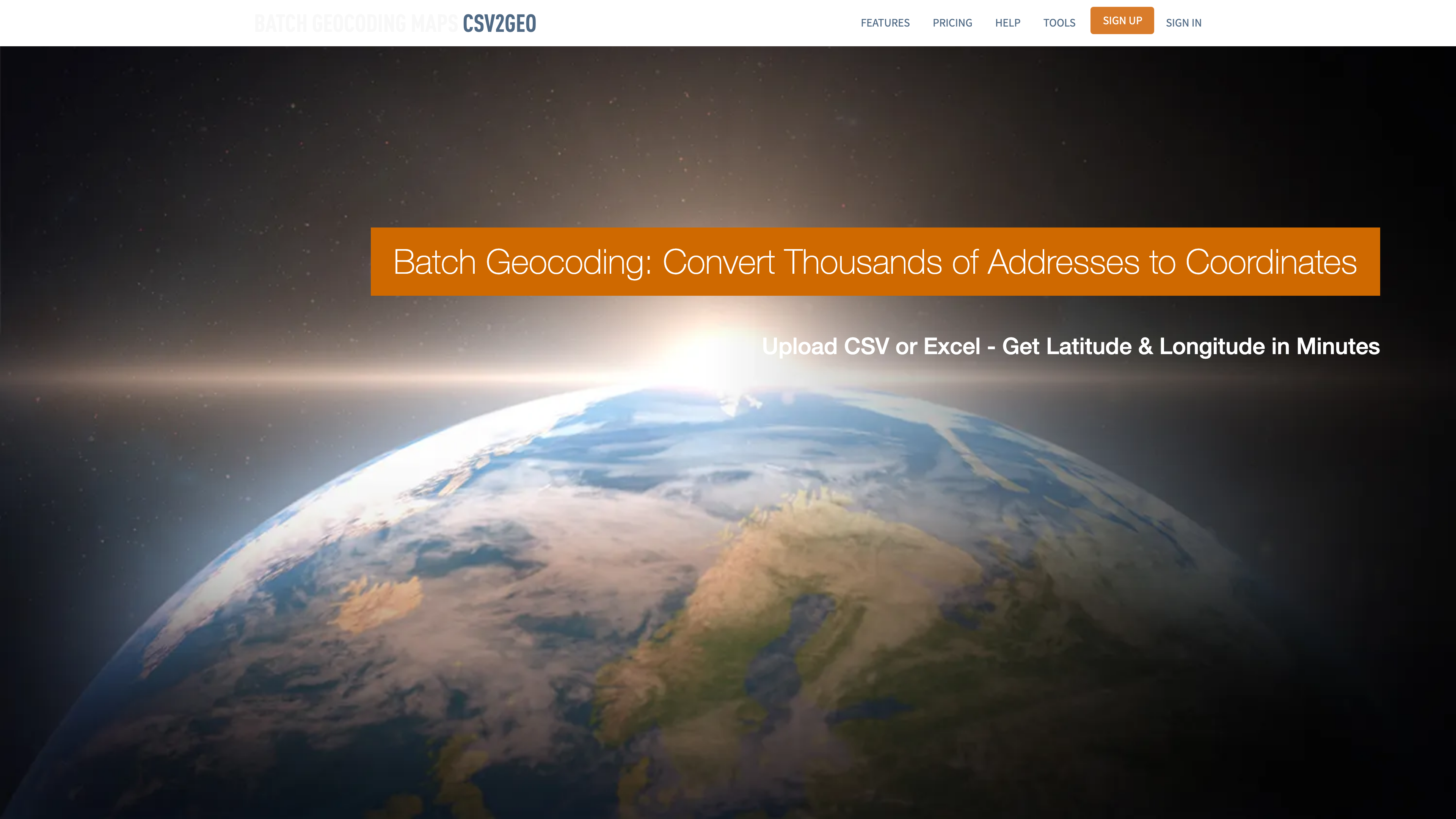 CSV2GEO batch geocoding page — upload CSV or Excel files for free geocoding with 200+ country coverage