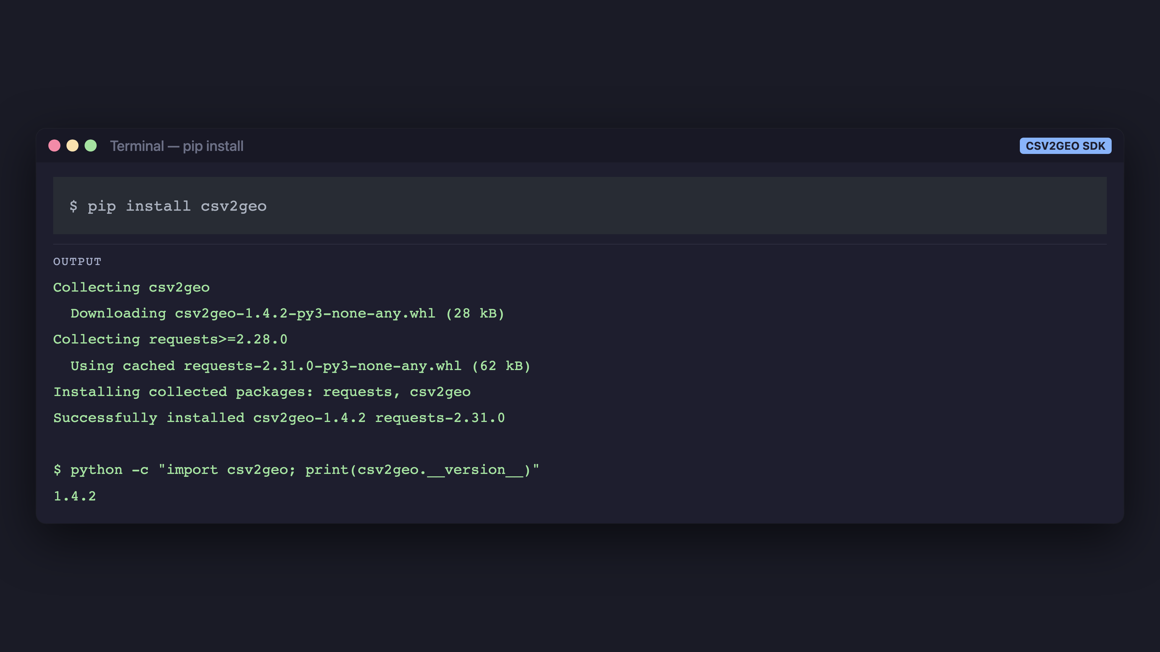 Installing CSV2GEO Python SDK with pip install csv2geo in terminal