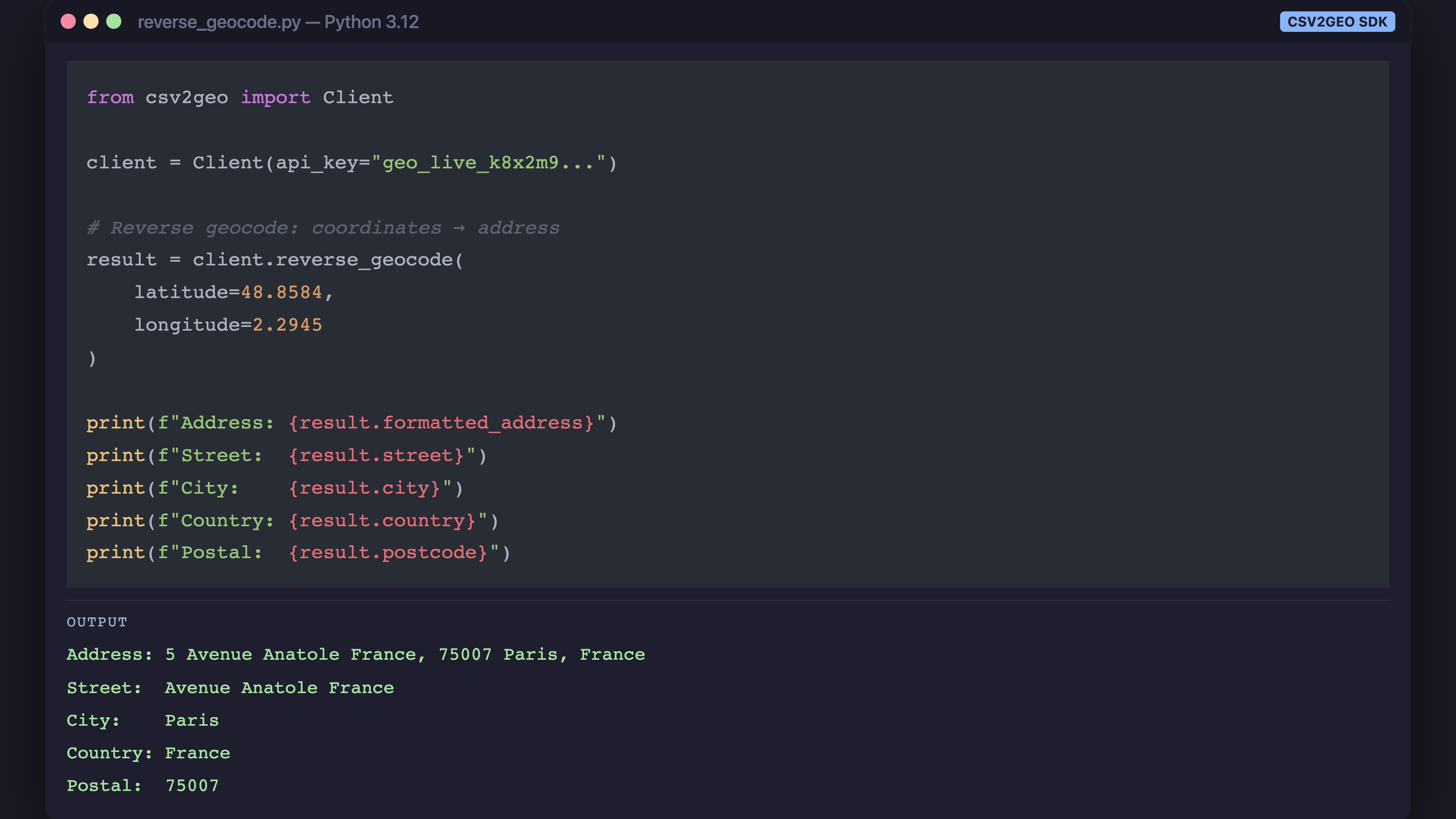 Reverse geocoding Eiffel Tower coordinates to street address in Python with CSV2GEO SDK
