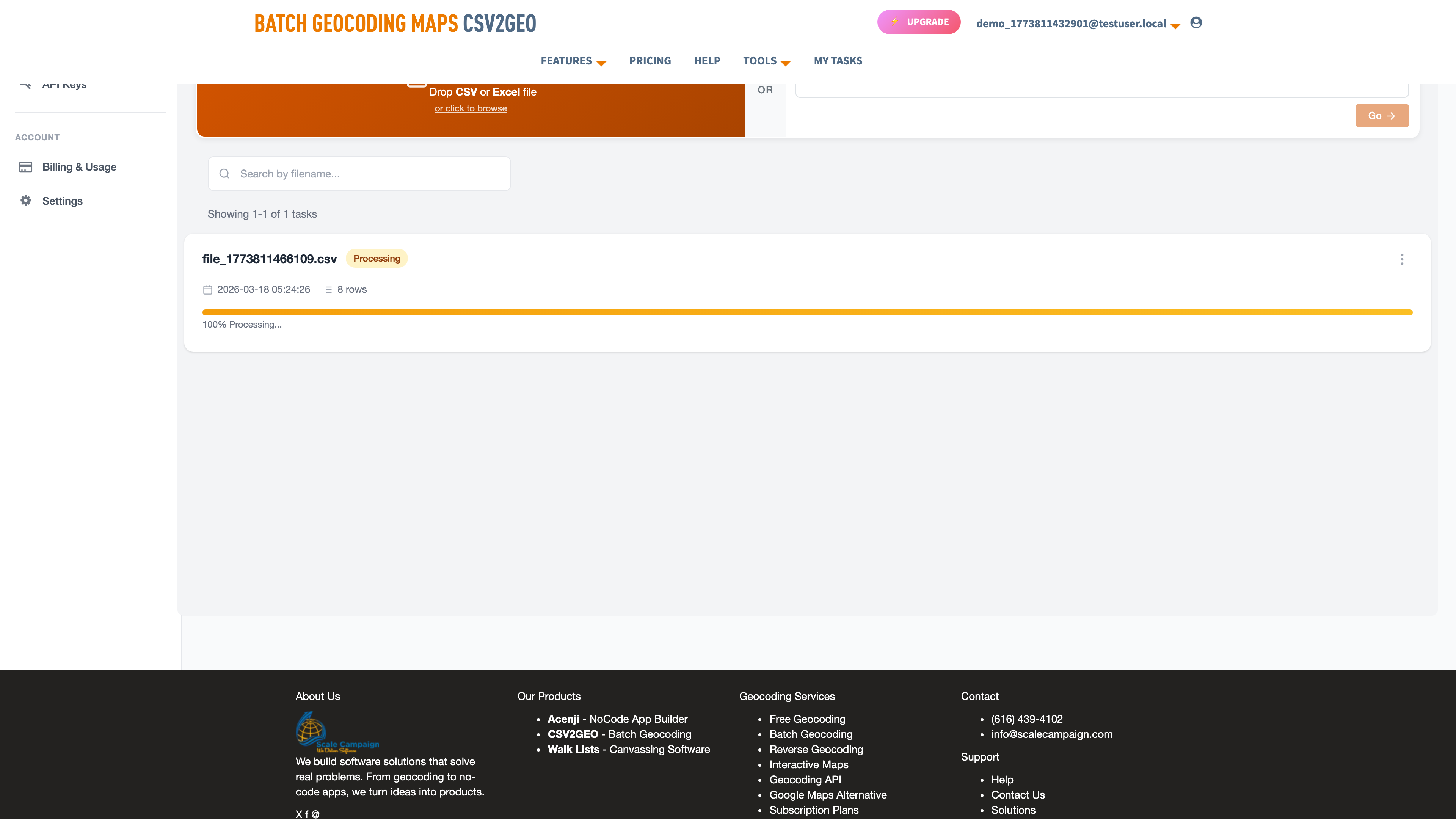 Batch geocoding in progress with 100% progress bar
