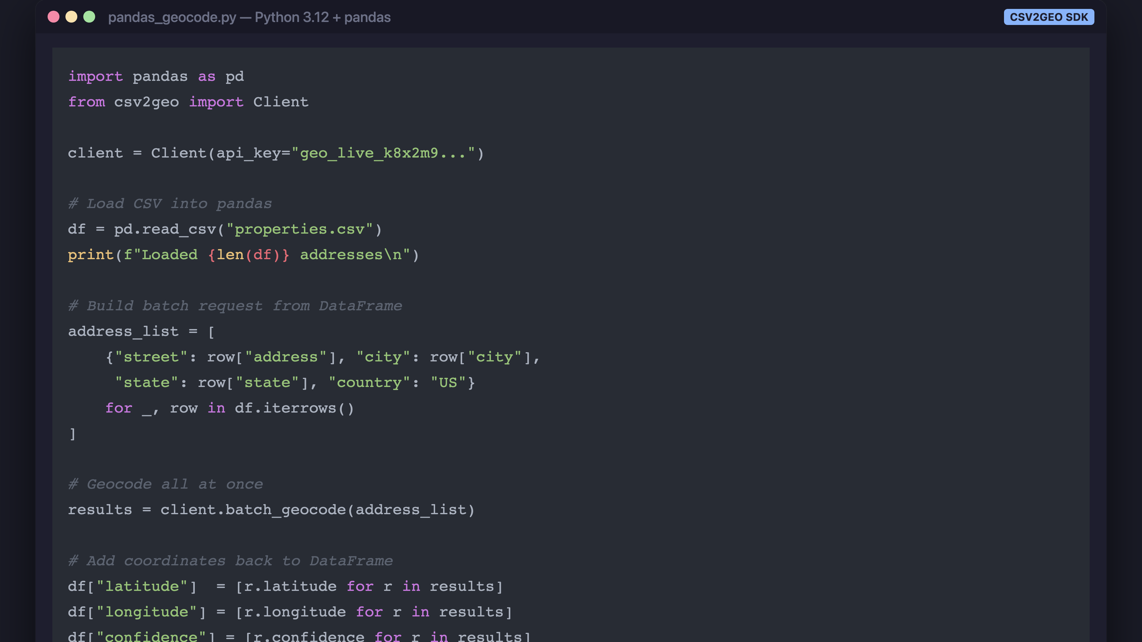 Geocoding a pandas DataFrame with CSV2GEO Python SDK — loading CSV, batch geocoding, adding lat/long columns