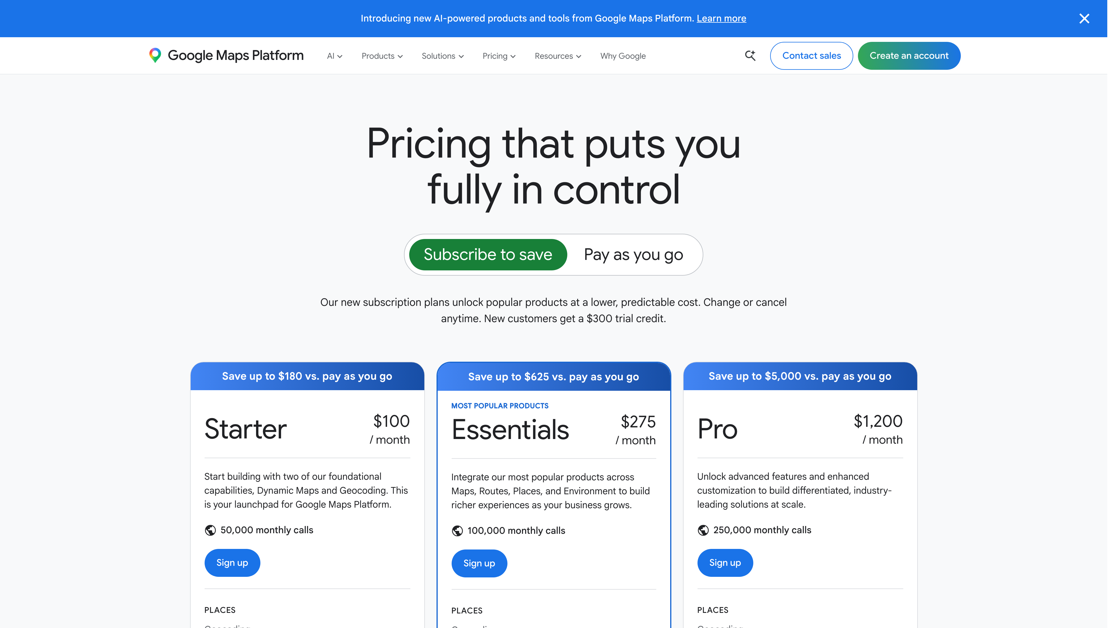 Google Maps Platform pricing page showing geocoding API costs at $5 per 1,000 requests