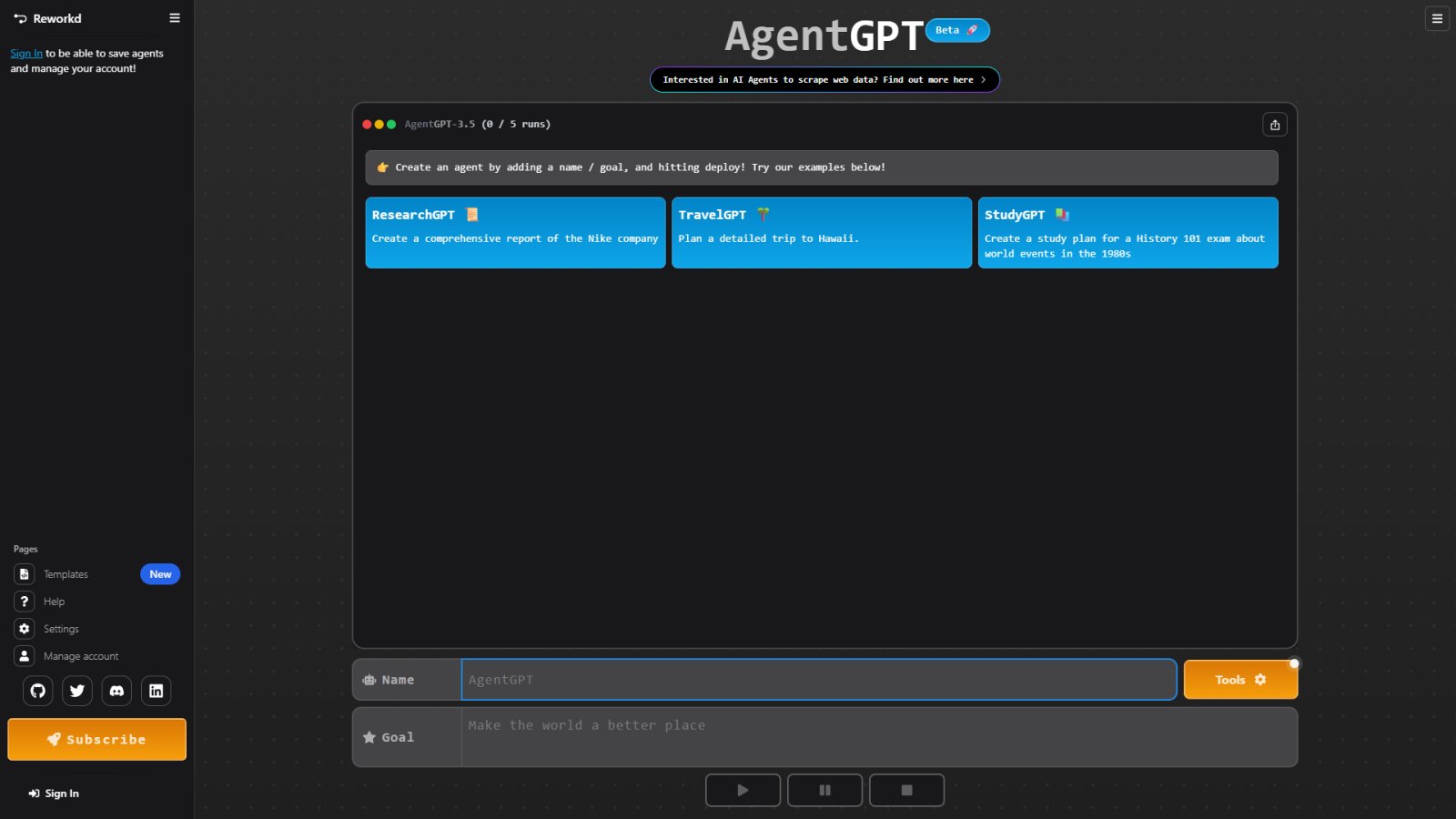 AgentGPT нейросеть Главная страница