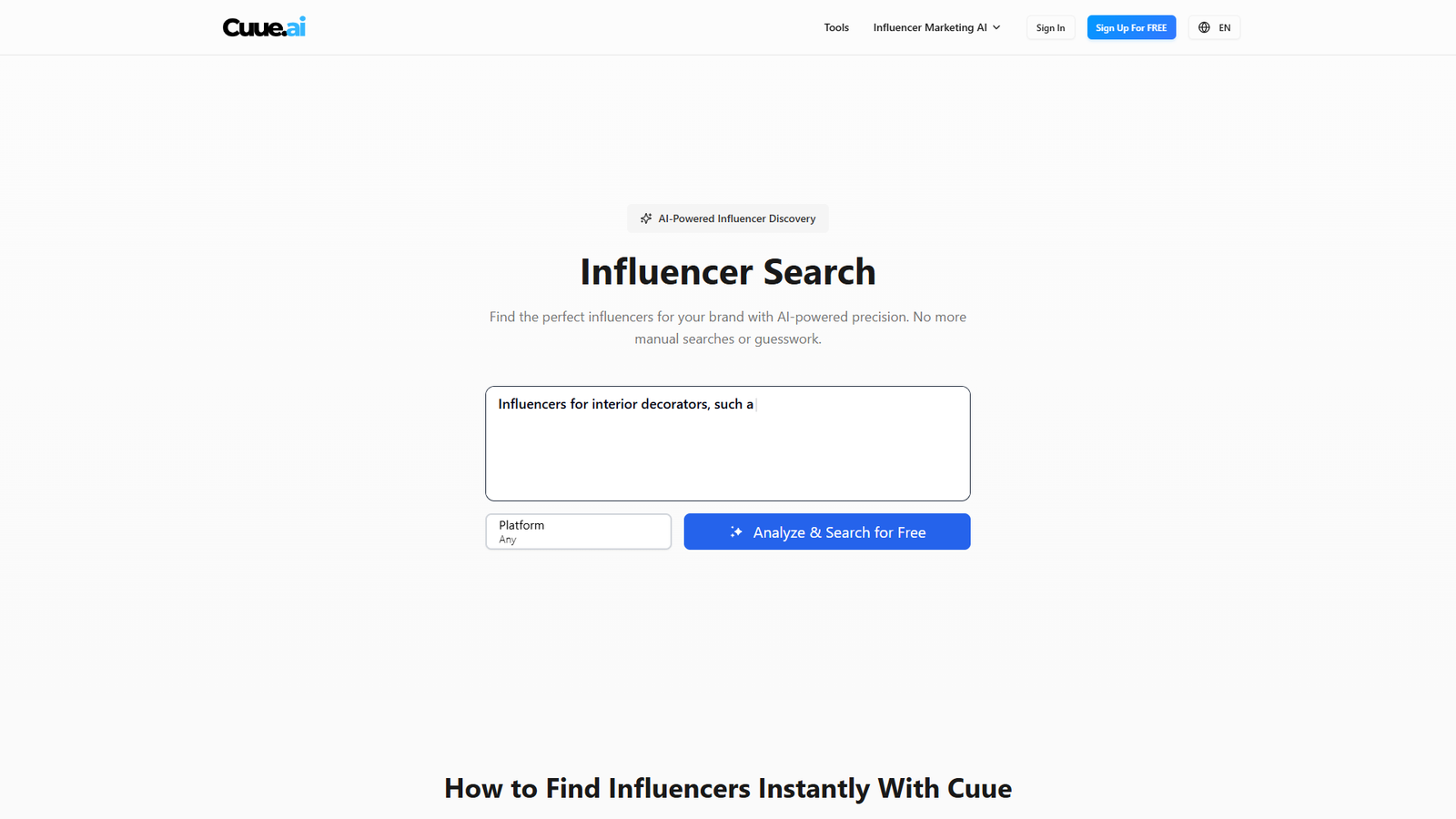 Cuue AI Influencer Search — интерфейс нейросети Cuue AI Influencer Search — интерфейс нейросети