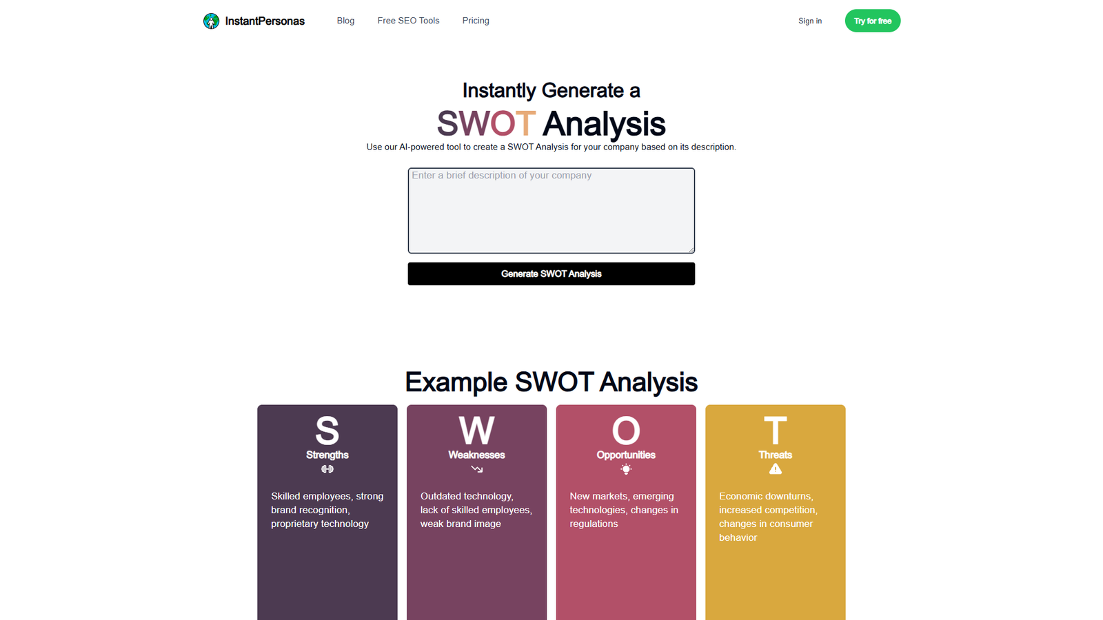 InstantPersonas SWOT Analysis — интерфейс нейросети InstantPersonas SWOT Analysis — интерфейс нейросети