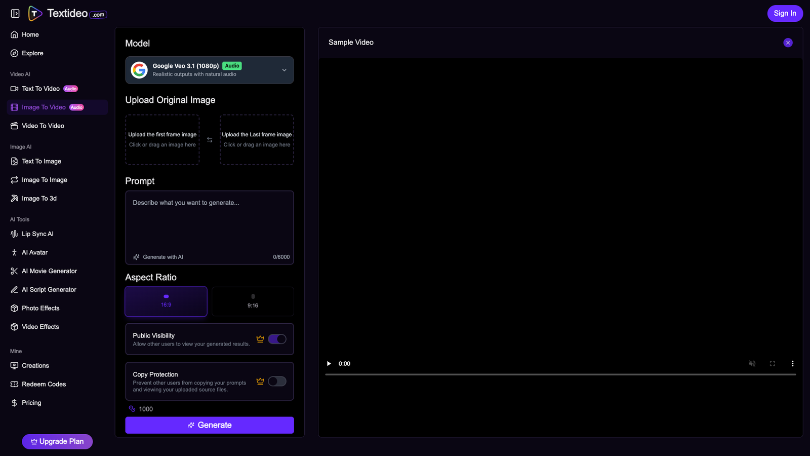 Textideo Image to Video AI — интерфейс нейросети Textideo Image to Video AI — интерфейс нейросети