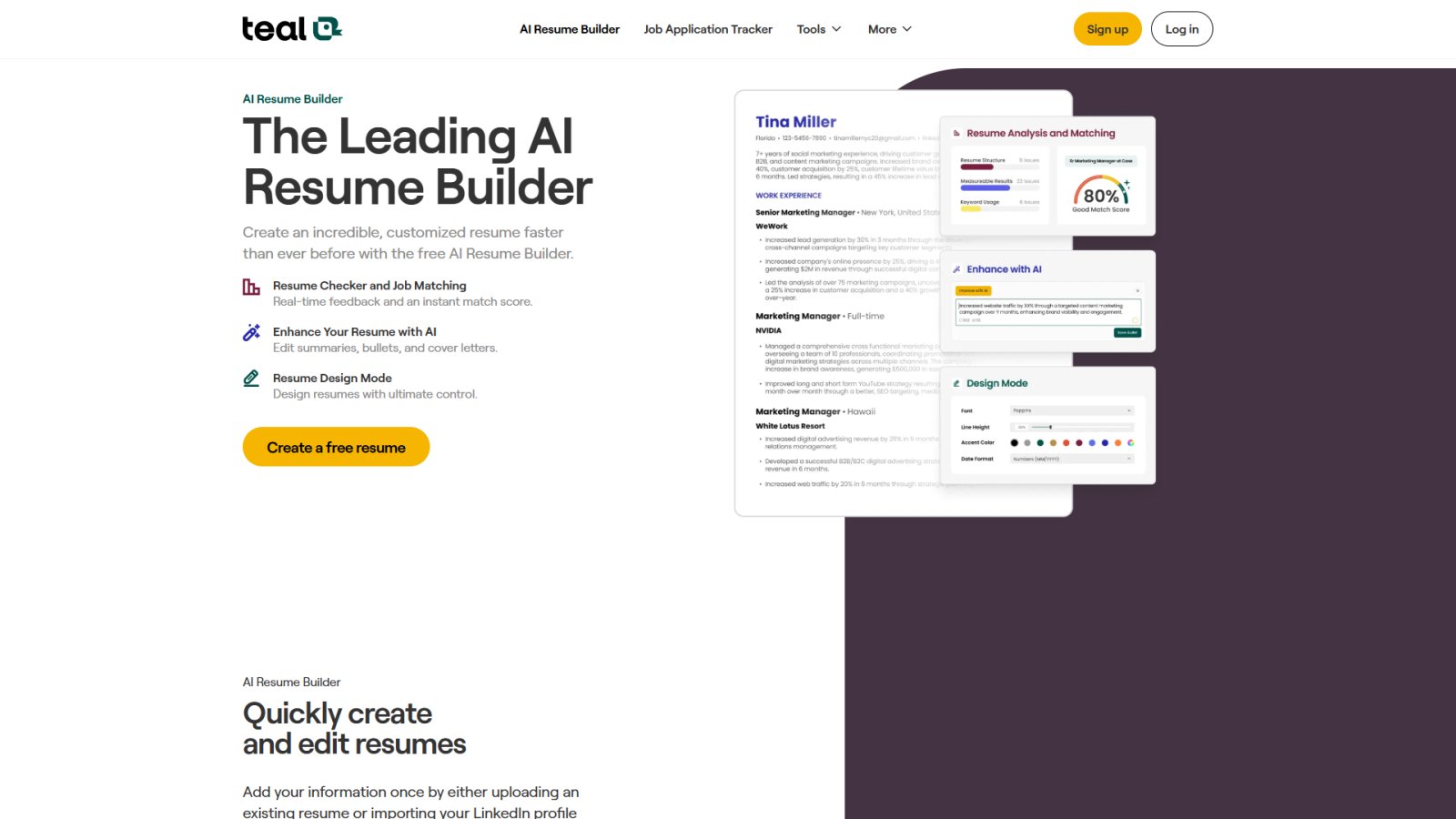 Teal Resume Builder нейросеть Главная страница