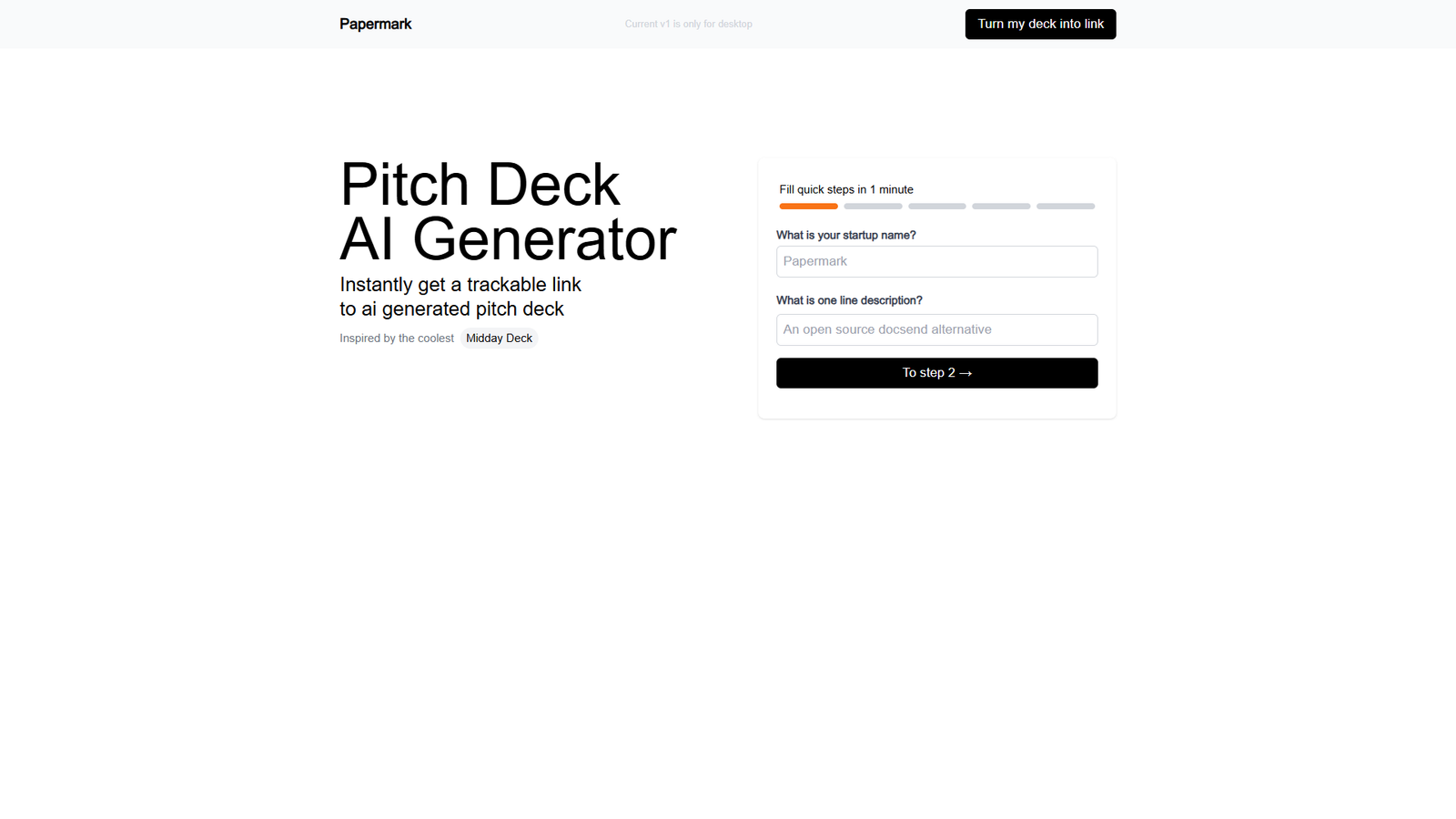Papermark Pitch Deck AI Generator — интерфейс нейросети Papermark Pitch Deck AI Generator — интерфейс нейросети
