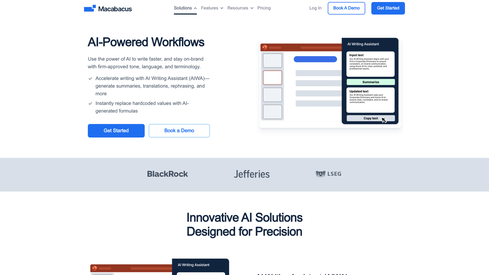 Macabacus AI Solutions Add-In — интерфейс нейросети