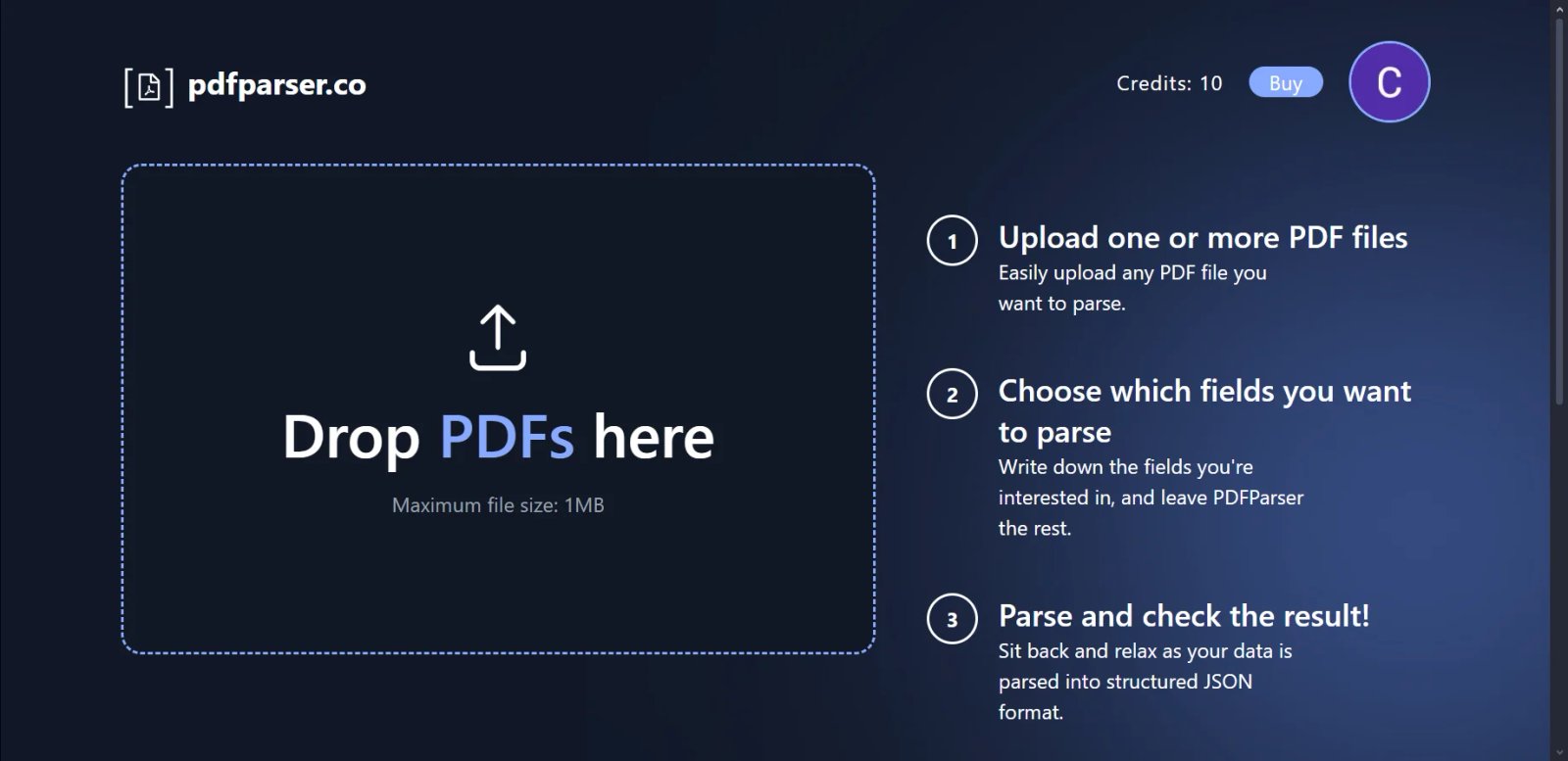 PDF Parser Start Page PDF Parser Start Page