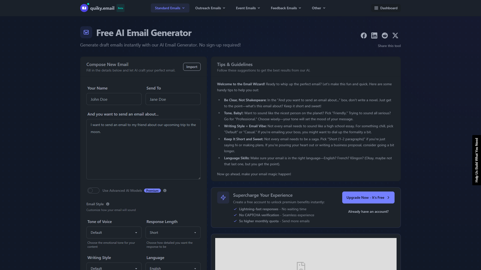 Quiky Email — Free AI Email Generator — интерфейс нейросети Quiky Email — Free AI Email Generator — интерфейс нейросети