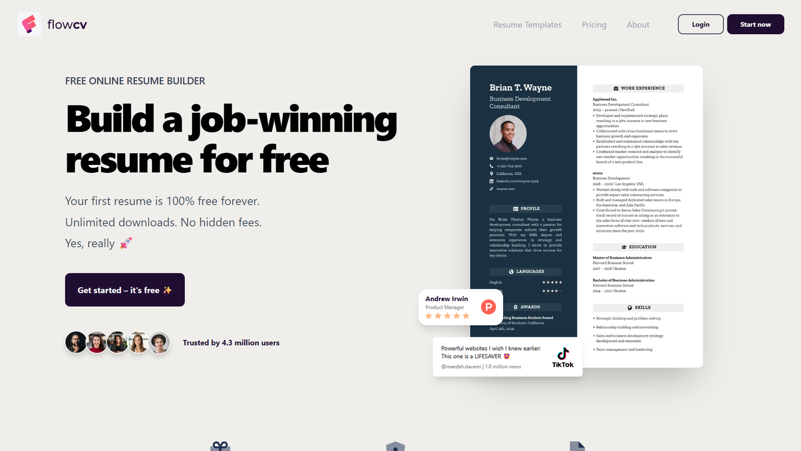 FlowCV — Free Online Resume Builder — интерфейс нейросети FlowCV — Free Online Resume Builder — интерфейс нейросети