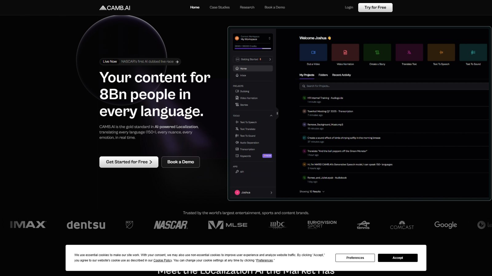 Camb.ai нейросеть Главная страница