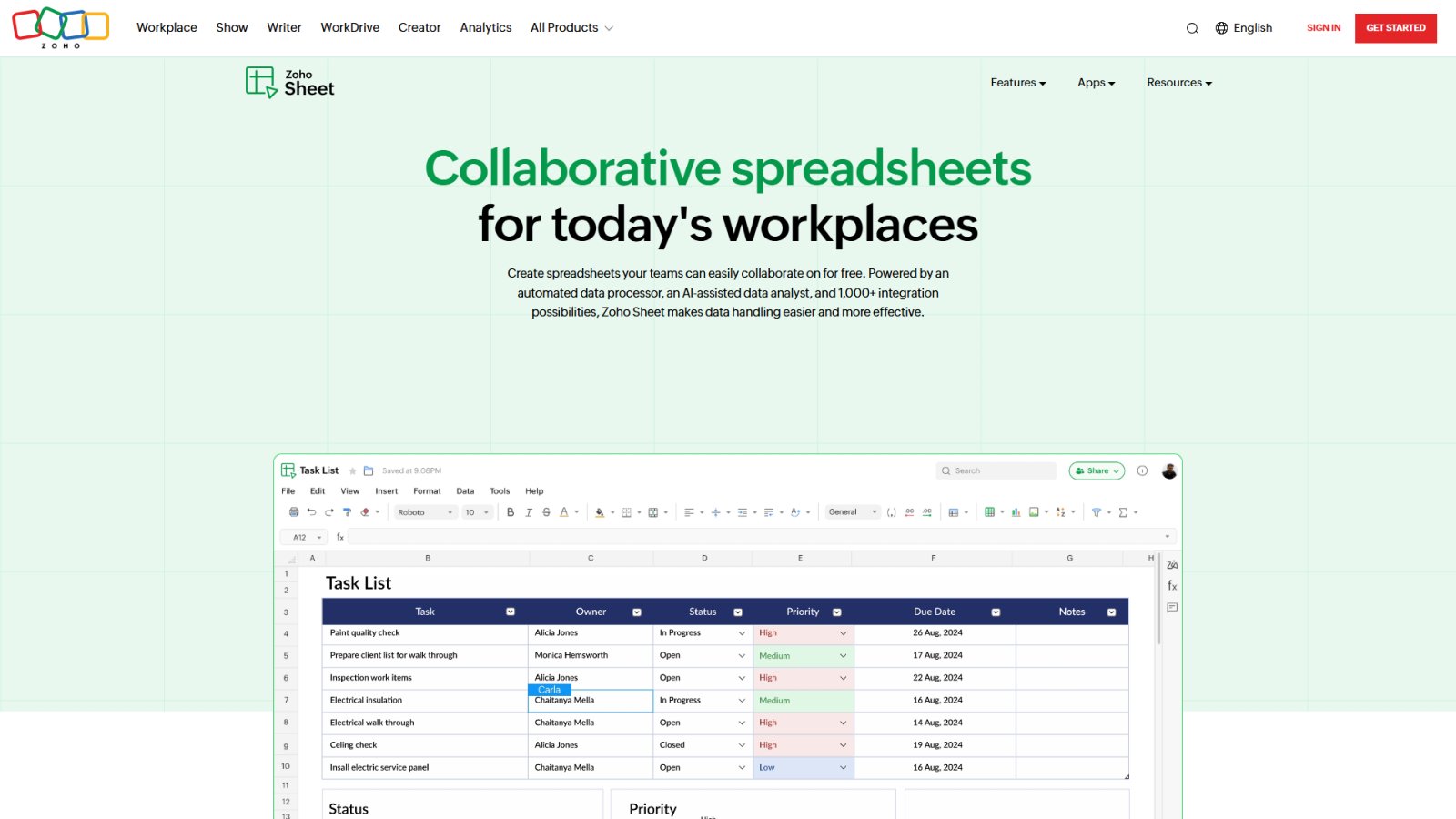 Zoho Sheet нейросеть Главная страница