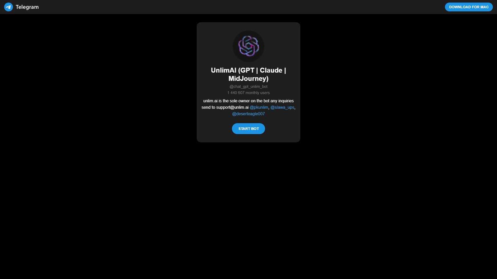 UnlimAI Telegram-бот (GPT, Claude, MidJourney) — интерфейс нейросети UnlimAI Telegram-бот (GPT, Claude, MidJourney) — интерфейс нейросети