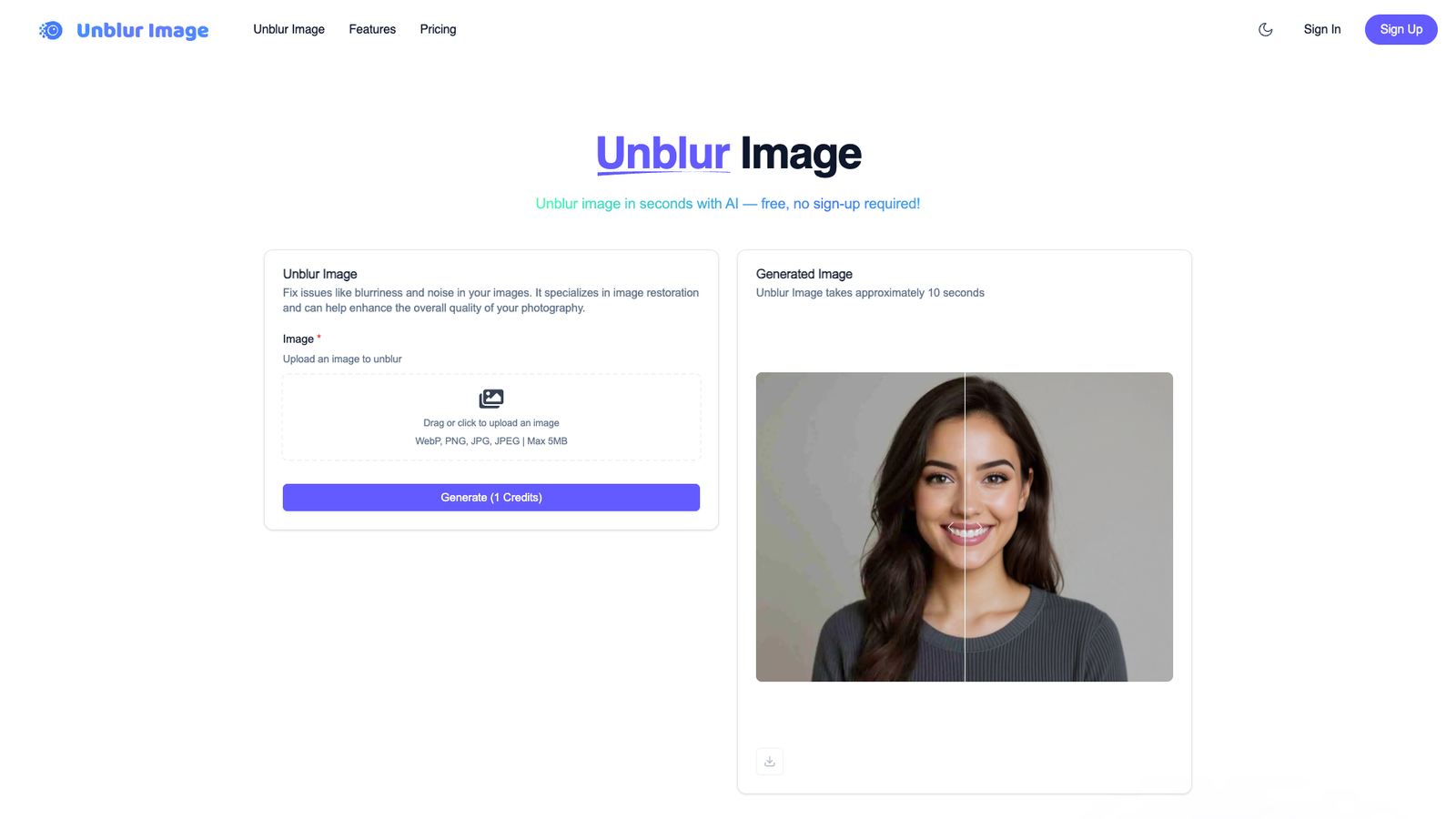 Unblur Image — интерфейс нейросети