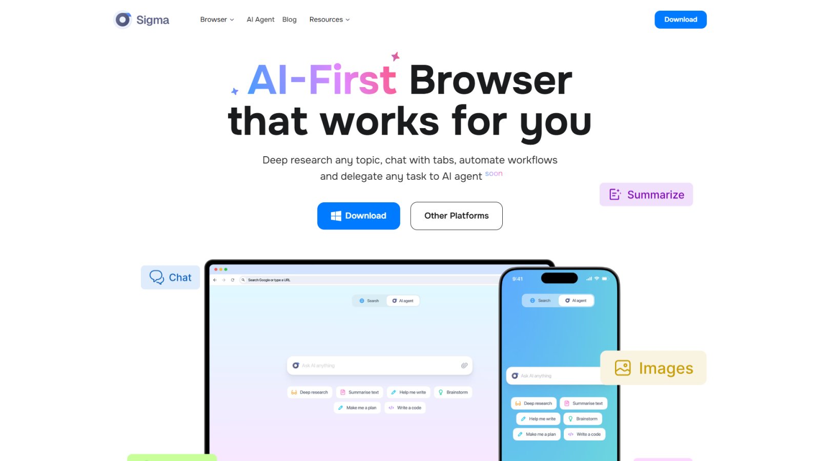 Sigma AI Browser нейросеть Главная страница