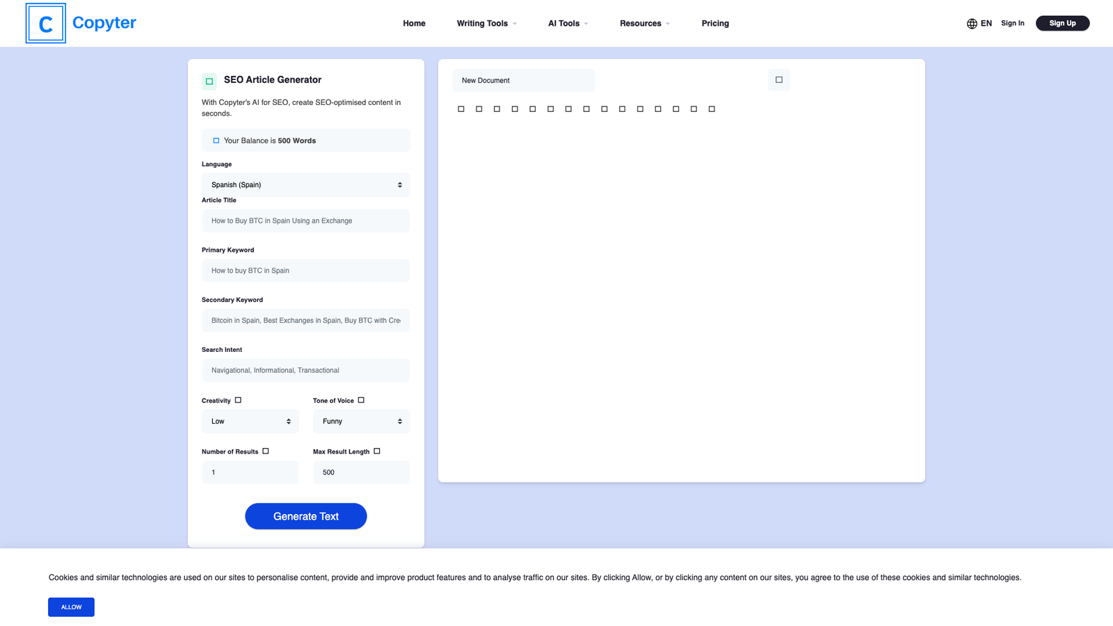 Copyter SEO Article Generator — интерфейс нейросети