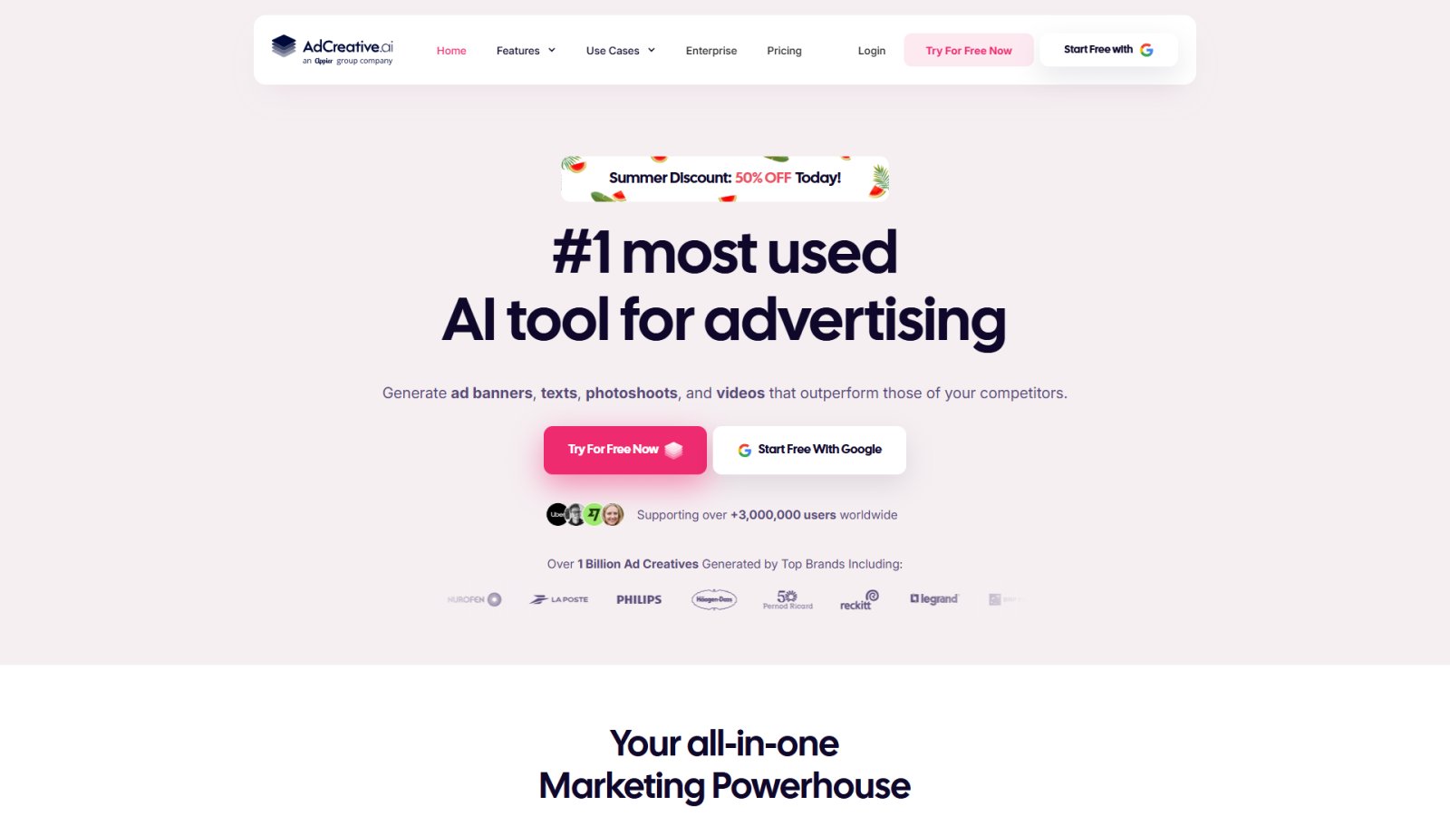 Adcreative.ai нейросеть Главная страница