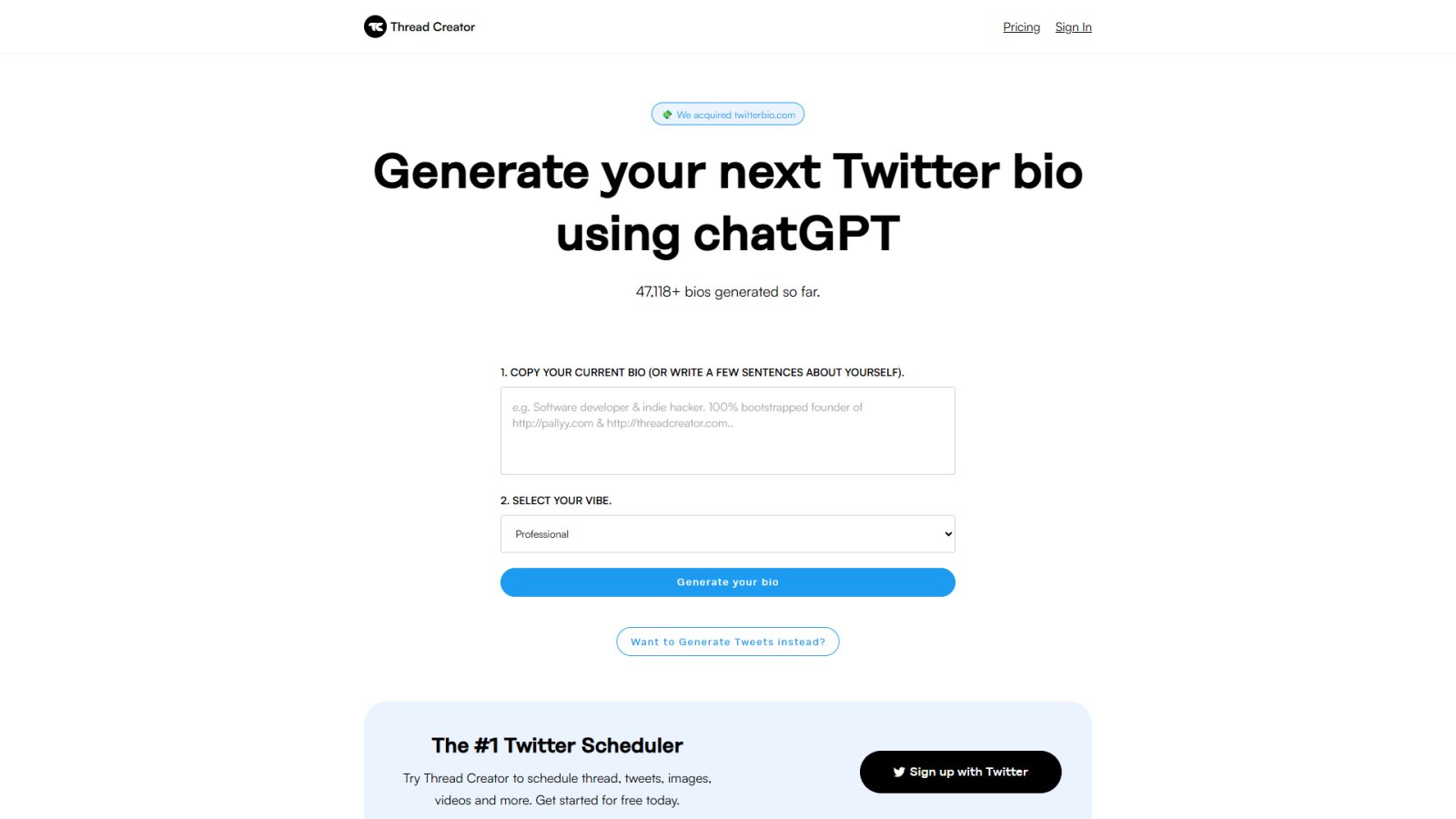 TwitterBio нейросеть Главная страница