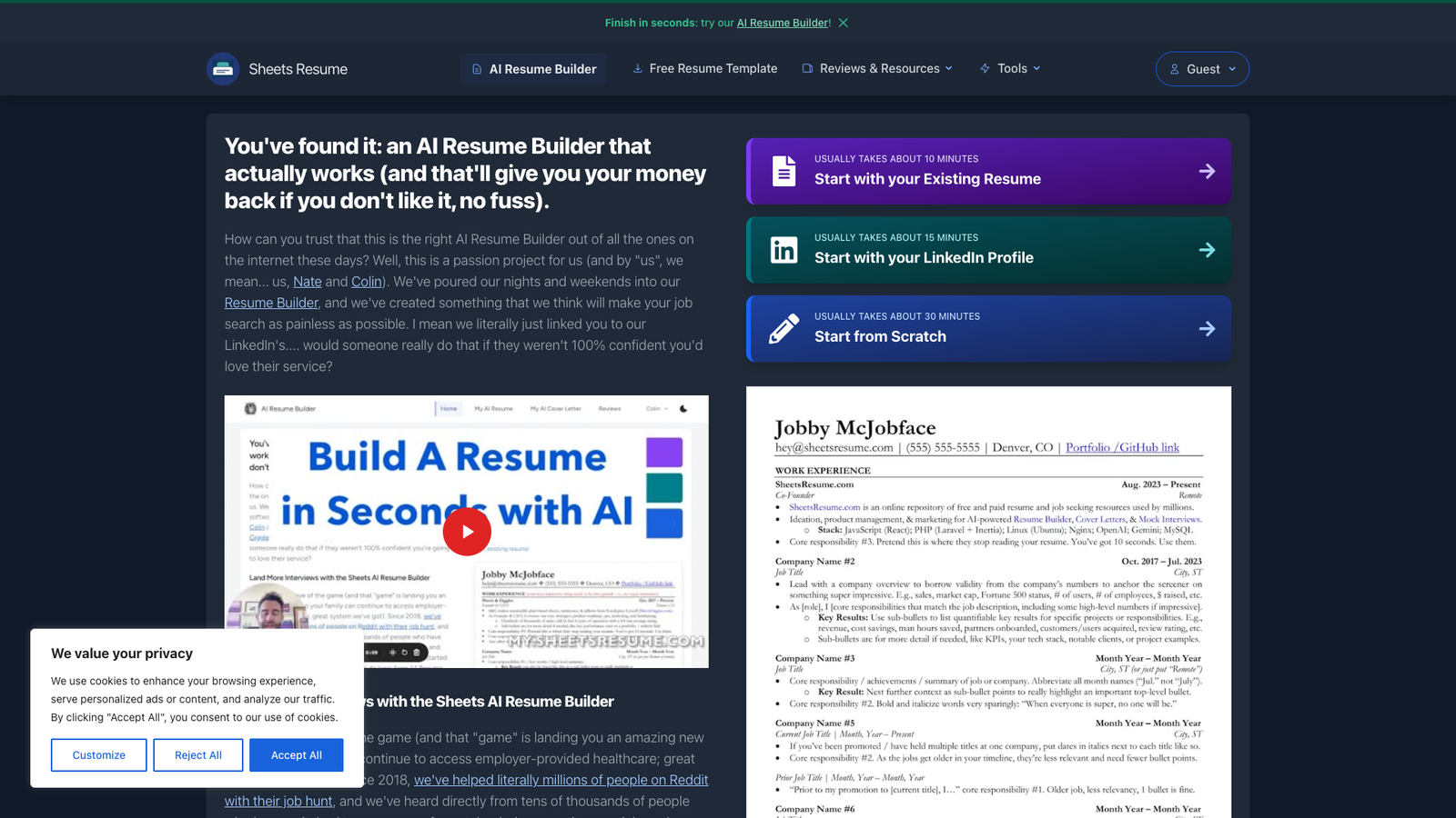 Sheets AI Resume Builder — интерфейс нейросети