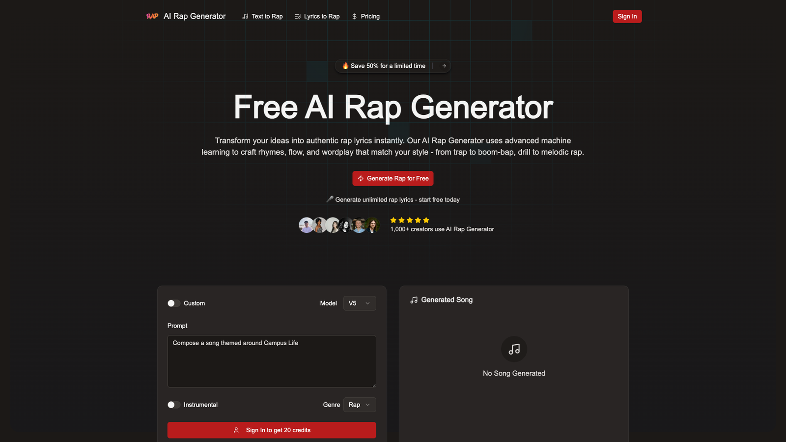 AI Rap Generator — интерфейс нейросети