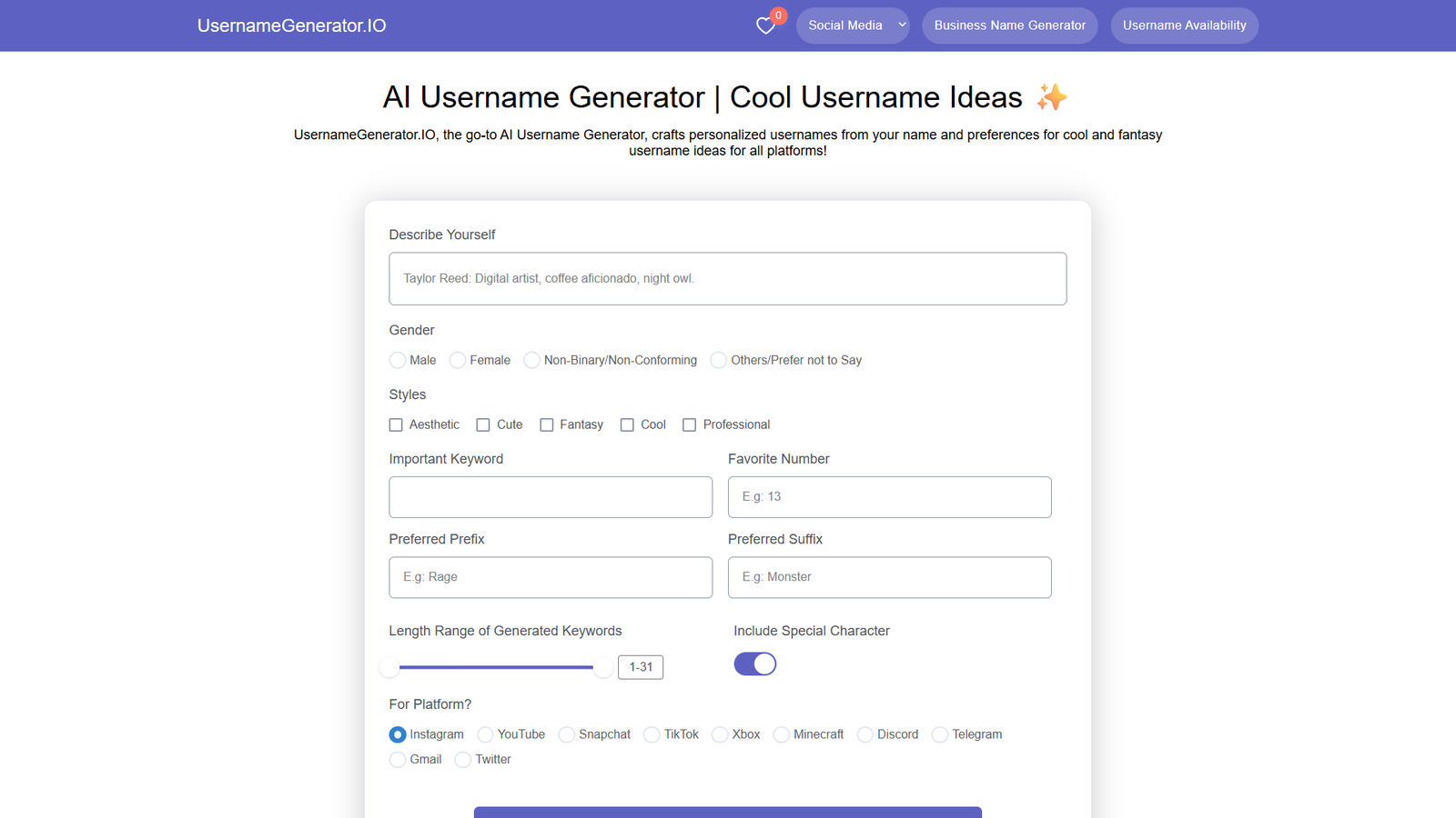 UsernameGenerator.IO — интерфейс нейросети UsernameGenerator.IO — интерфейс нейросети