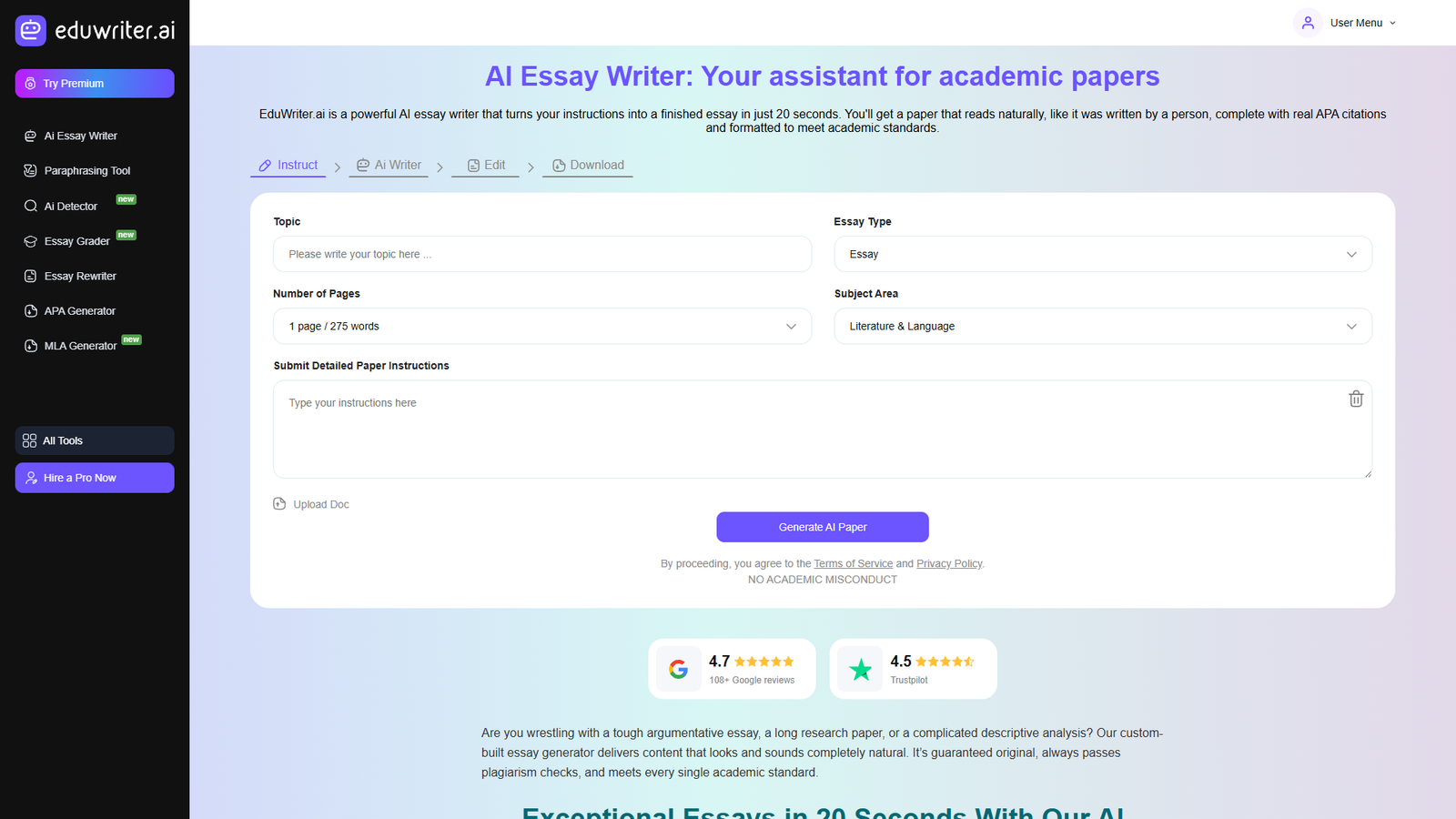 EduWriter.ai — AI Essay Writer — интерфейс нейросети EduWriter.ai — AI Essay Writer — интерфейс нейросети
