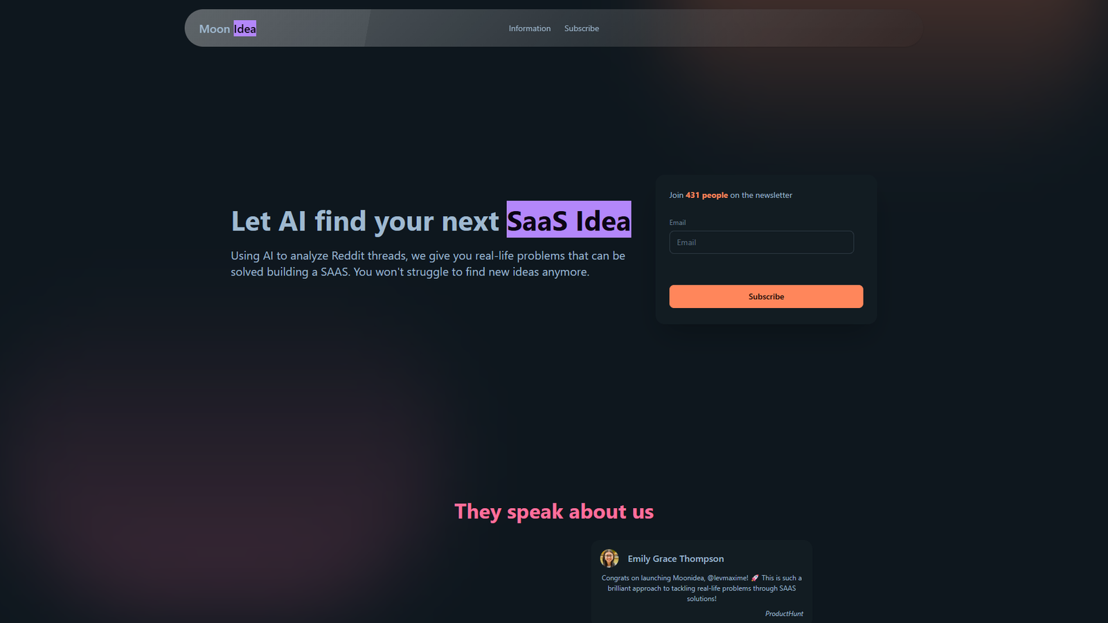 MoonIdea — AI-поиск SaaS-идей — интерфейс нейросети MoonIdea — AI-поиск SaaS-идей — интерфейс нейросети
