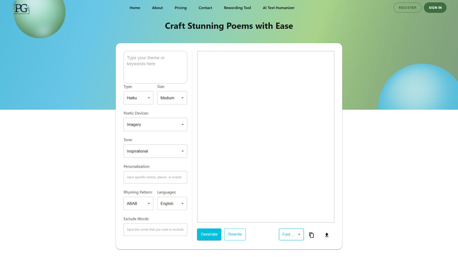 AI Poem Generator (PoemGenerator.io) — интерфейс нейросети AI Poem Generator (PoemGenerator.io) — интерфейс нейросети