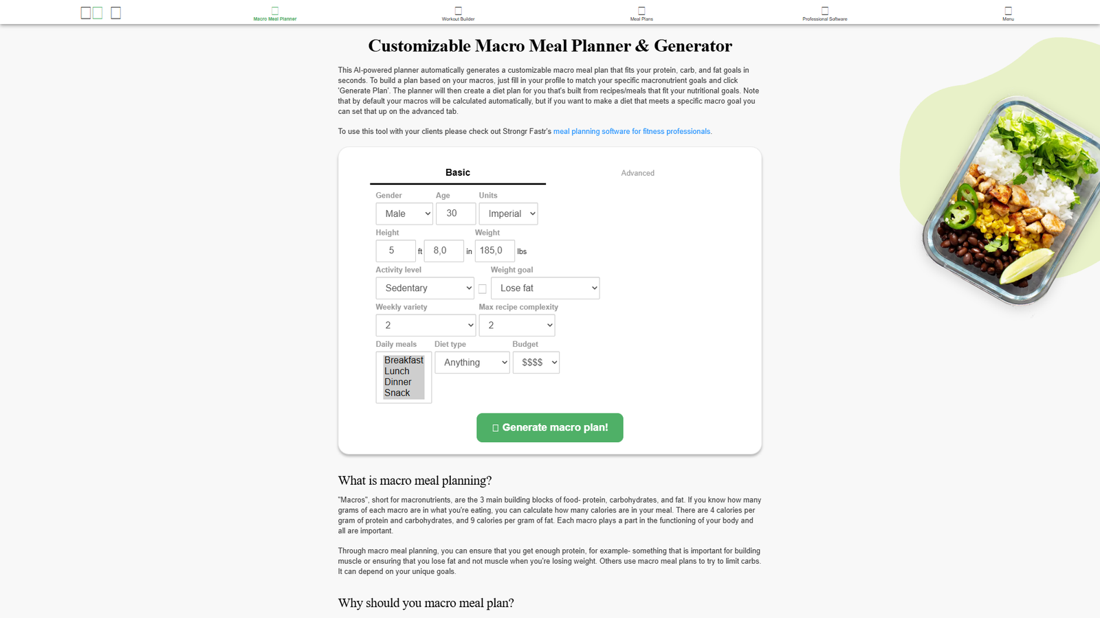 Strongr Fastr Macro Meal Planner — интерфейс нейросети Strongr Fastr Macro Meal Planner — интерфейс нейросети