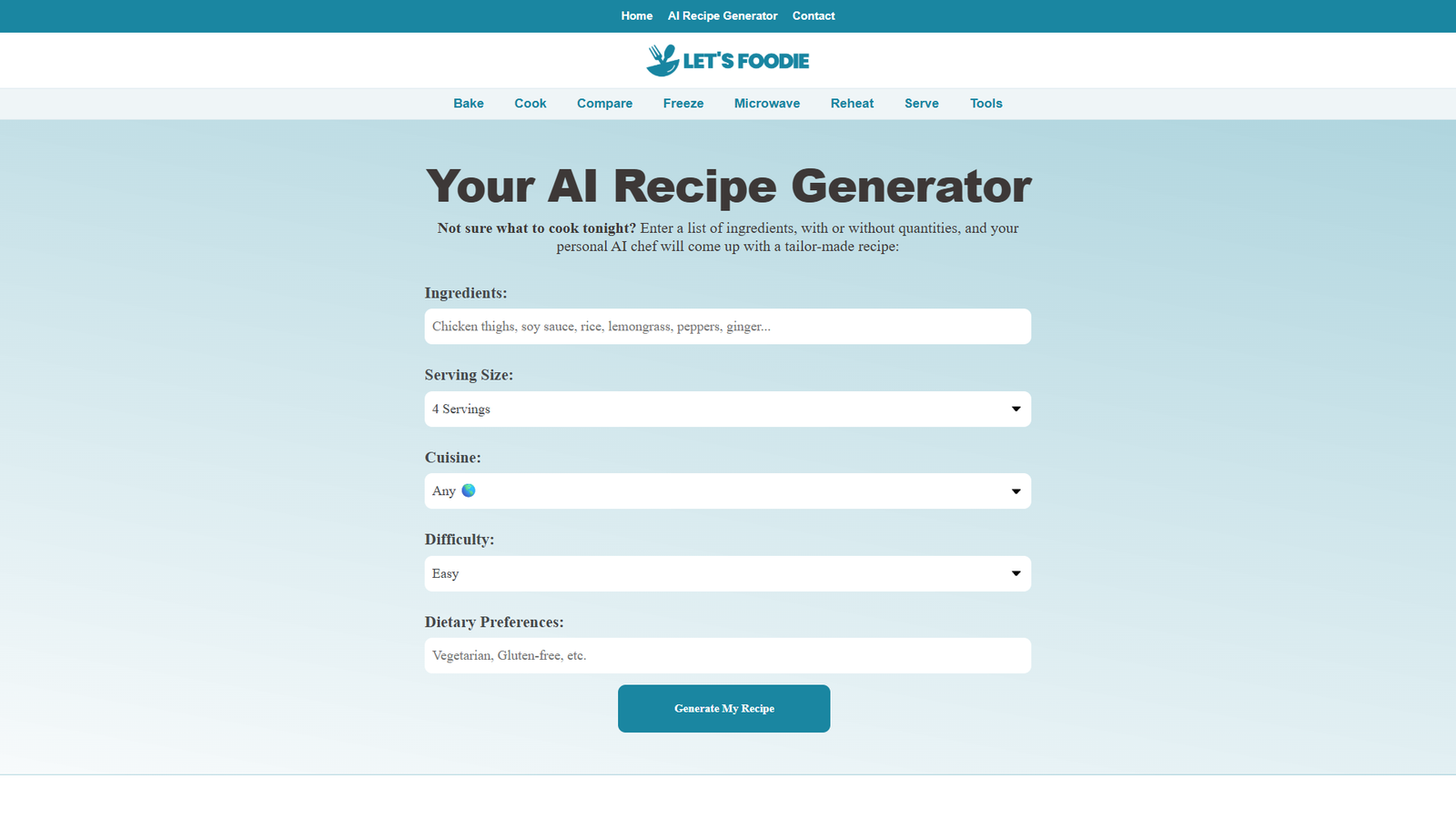 Let's Foodie AI Recipe Generator — интерфейс нейросети Let's Foodie AI Recipe Generator — интерфейс нейросети