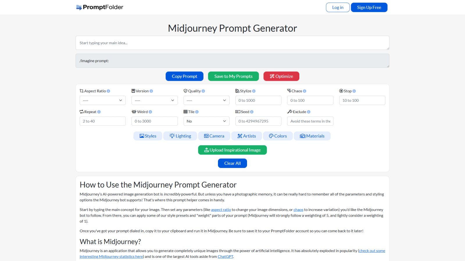 Midjourney Prompt Helper нейросеть Главная страница