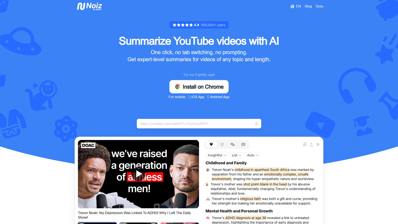 Noiz — YouTube Video Summarizer AI — интерфейс нейросети Noiz — YouTube Video Summarizer AI — интерфейс нейросети