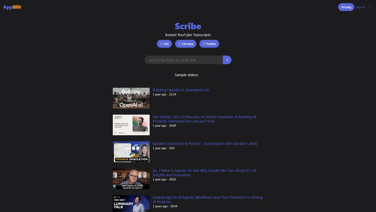 Scribe — Instant YouTube Transcripts — интерфейс нейросети Scribe — Instant YouTube Transcripts — интерфейс нейросети
