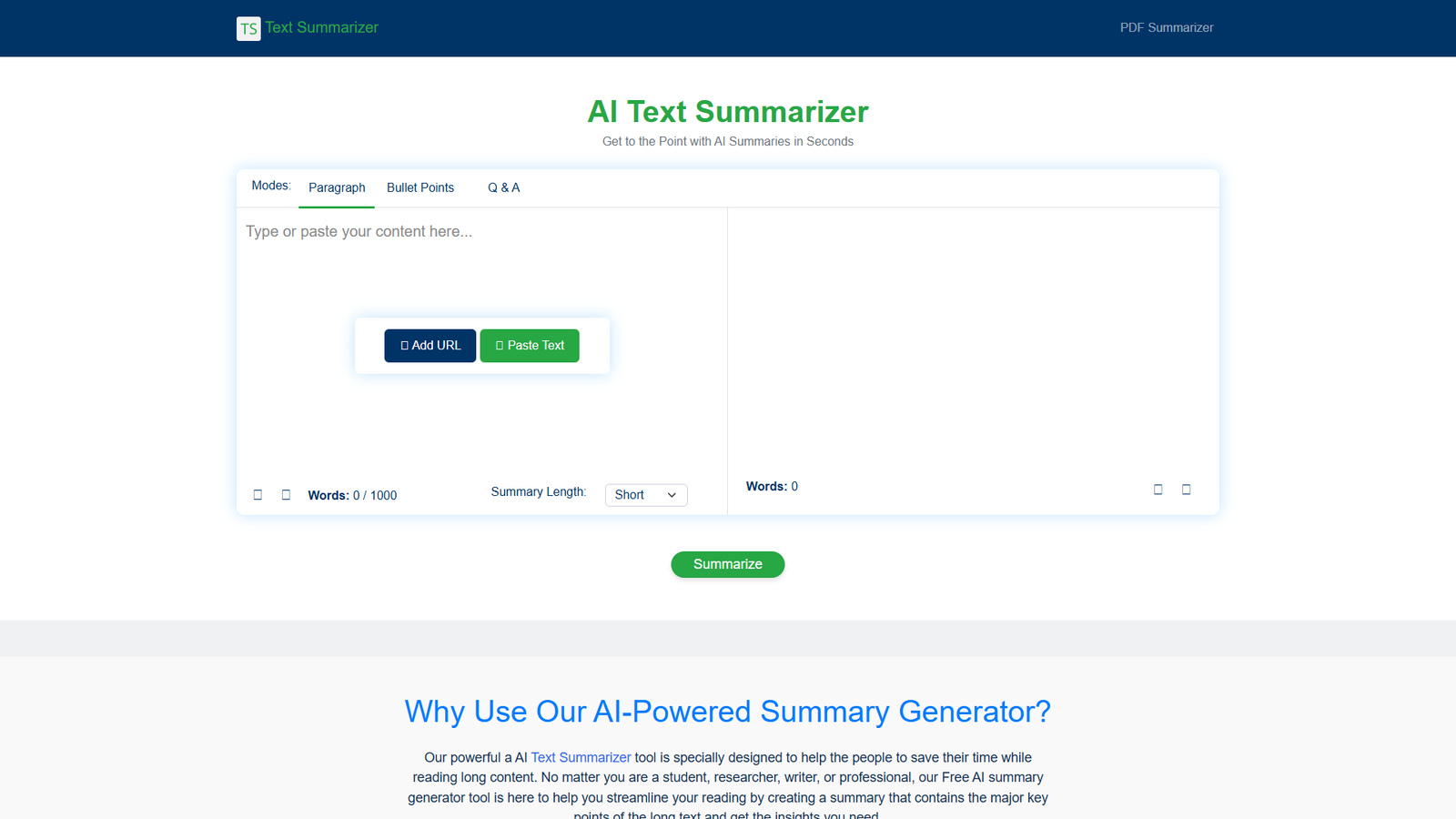 AI Text Summarizer — интерфейс нейросети AI Text Summarizer — интерфейс нейросети