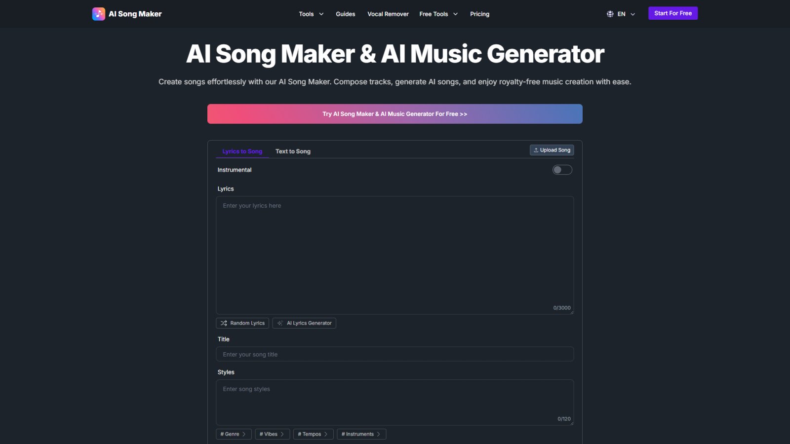 AI Song Maker нейросеть Главная страница