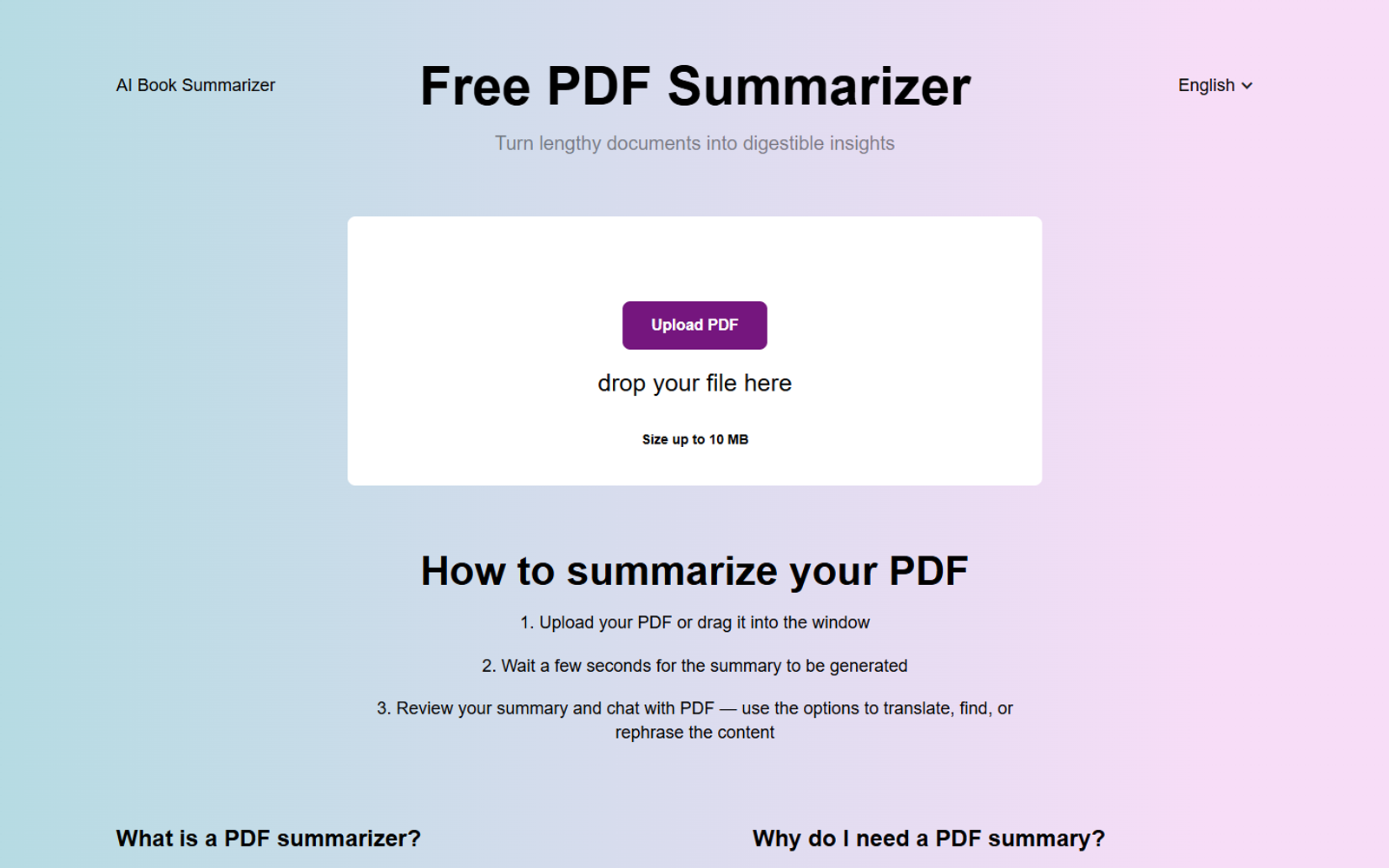 PDFsummarizer — Free AI PDF Summarizer — интерфейс нейросети PDFsummarizer — Free AI PDF Summarizer — интерфейс нейросети