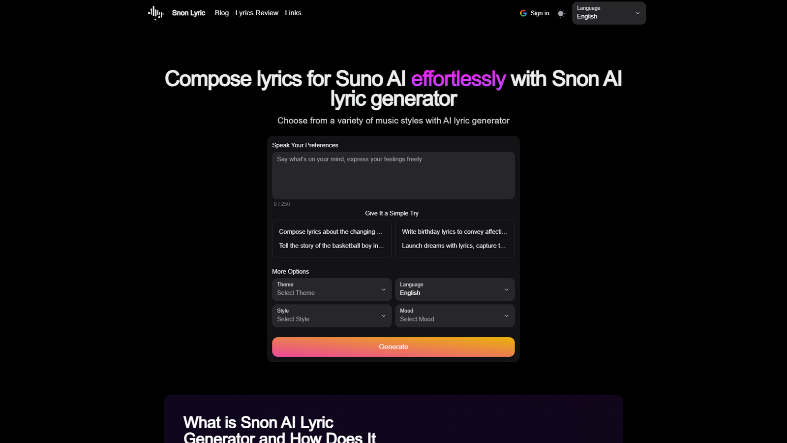 Snon AI Lyric Generator — интерфейс нейросети Snon AI Lyric Generator — интерфейс нейросети