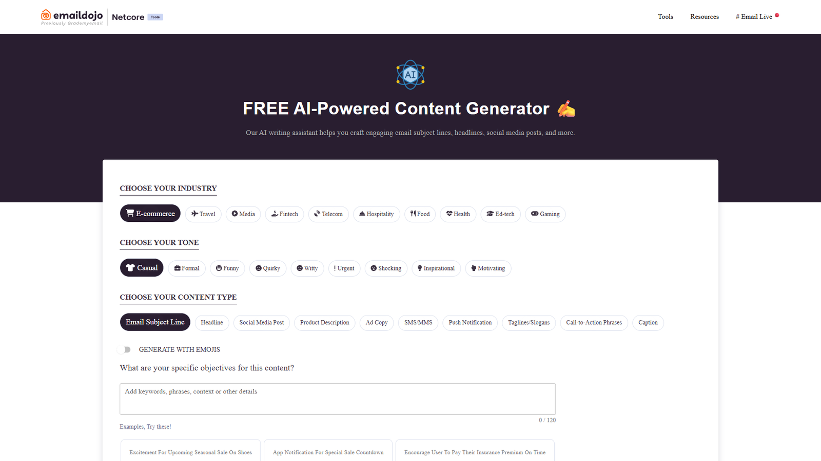 EmailDojo AI Content Generator — интерфейс нейросети EmailDojo AI Content Generator — интерфейс нейросети