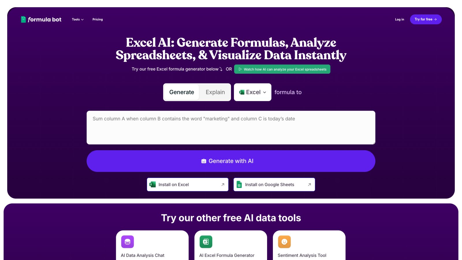 Excel Formula Bot нейросеть Главная страница