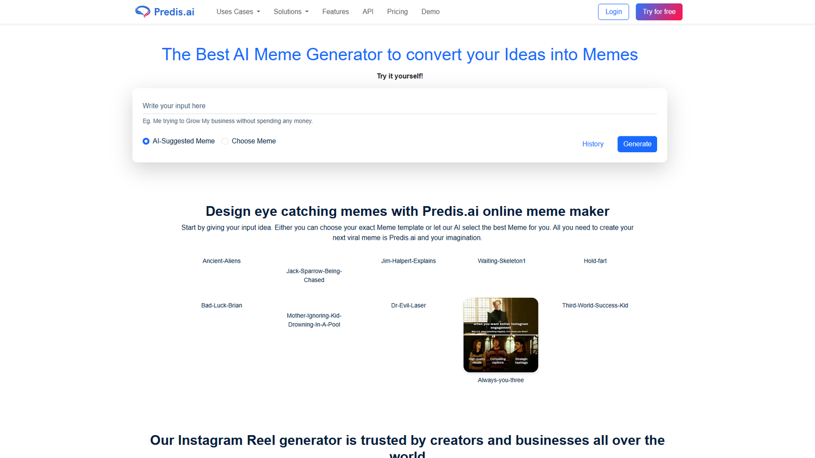 Predis.ai Free AI Meme Generator — интерфейс нейросети Predis.ai Free AI Meme Generator — интерфейс нейросети