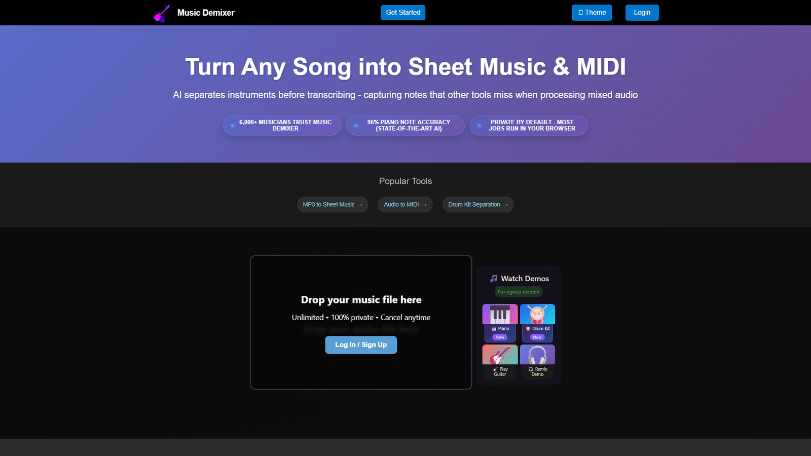 Music Demixer — Audio to Sheet Music & MIDI — интерфейс нейросети Music Demixer — Audio to Sheet Music & MIDI — интерфейс нейросети