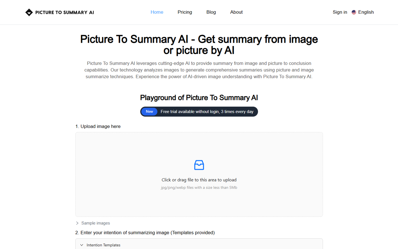 Picture To Summary AI — интерфейс нейросети Picture To Summary AI — интерфейс нейросети